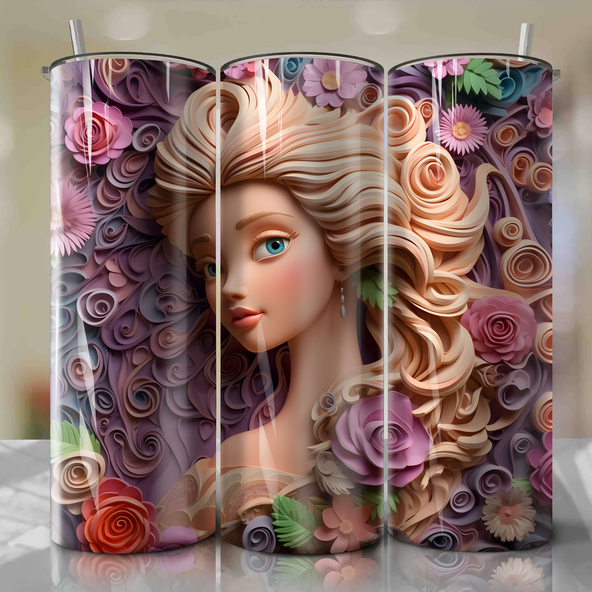 Rapunzel 3D Floral Skinny Tumbler 20oz Wrap PNG - Sublimation - Digital Download