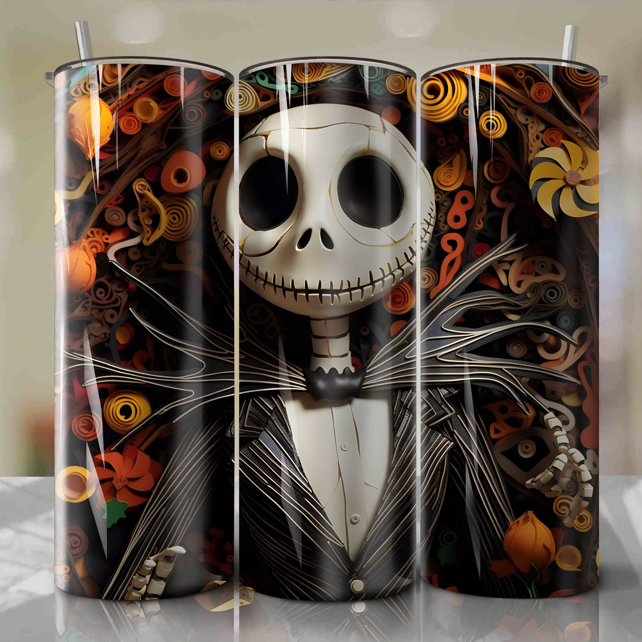 Jack Skellington 3D Floral Skinny Tumbler 20oz Wrap PNG - Sublimation - Digital Download