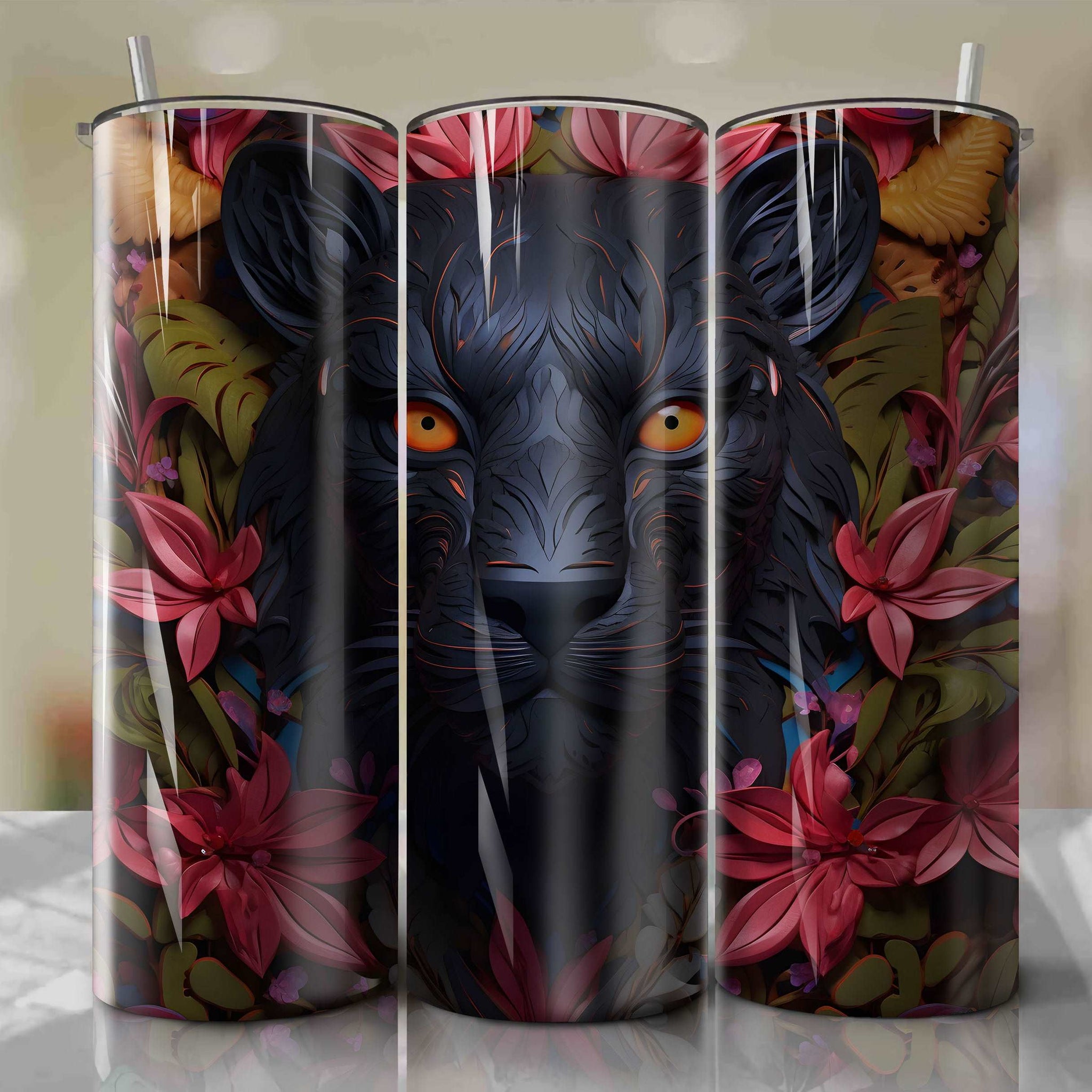 Bagheera 3D Floral Skinny Tumbler 20oz Wrap PNG - Sublimation - Digital Download