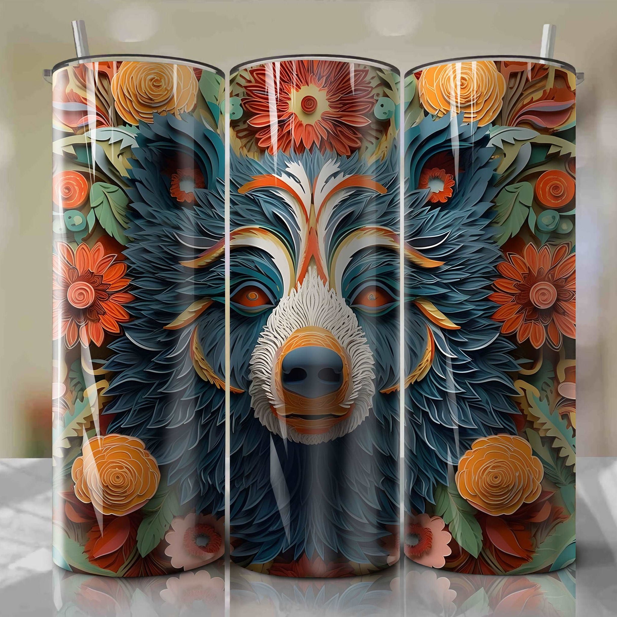 Baloo 3D Floral Skinny Tumbler 20oz Wrap PNG - Sublimation - Digital Download