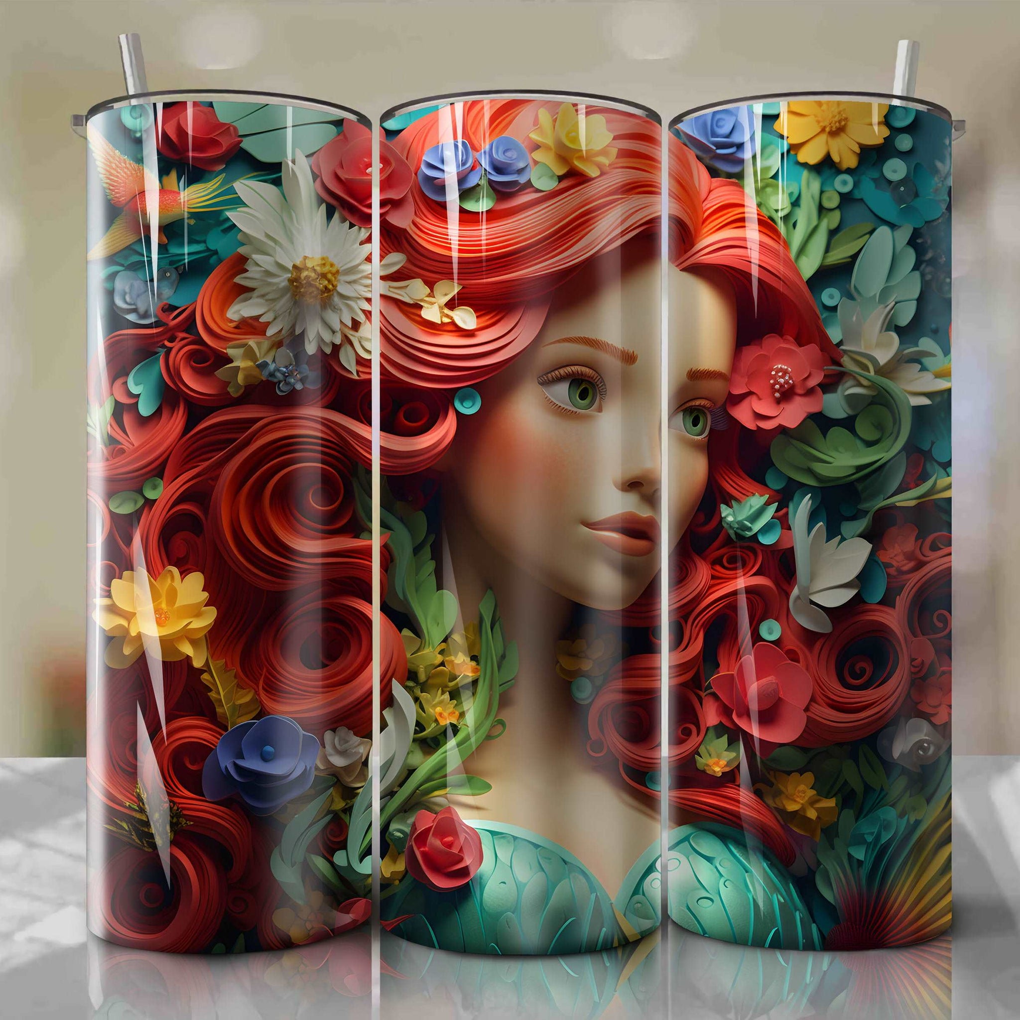 Ariel 3D Floral Skinny Tumbler 20oz Wrap PNG - Sublimation - Digital Download