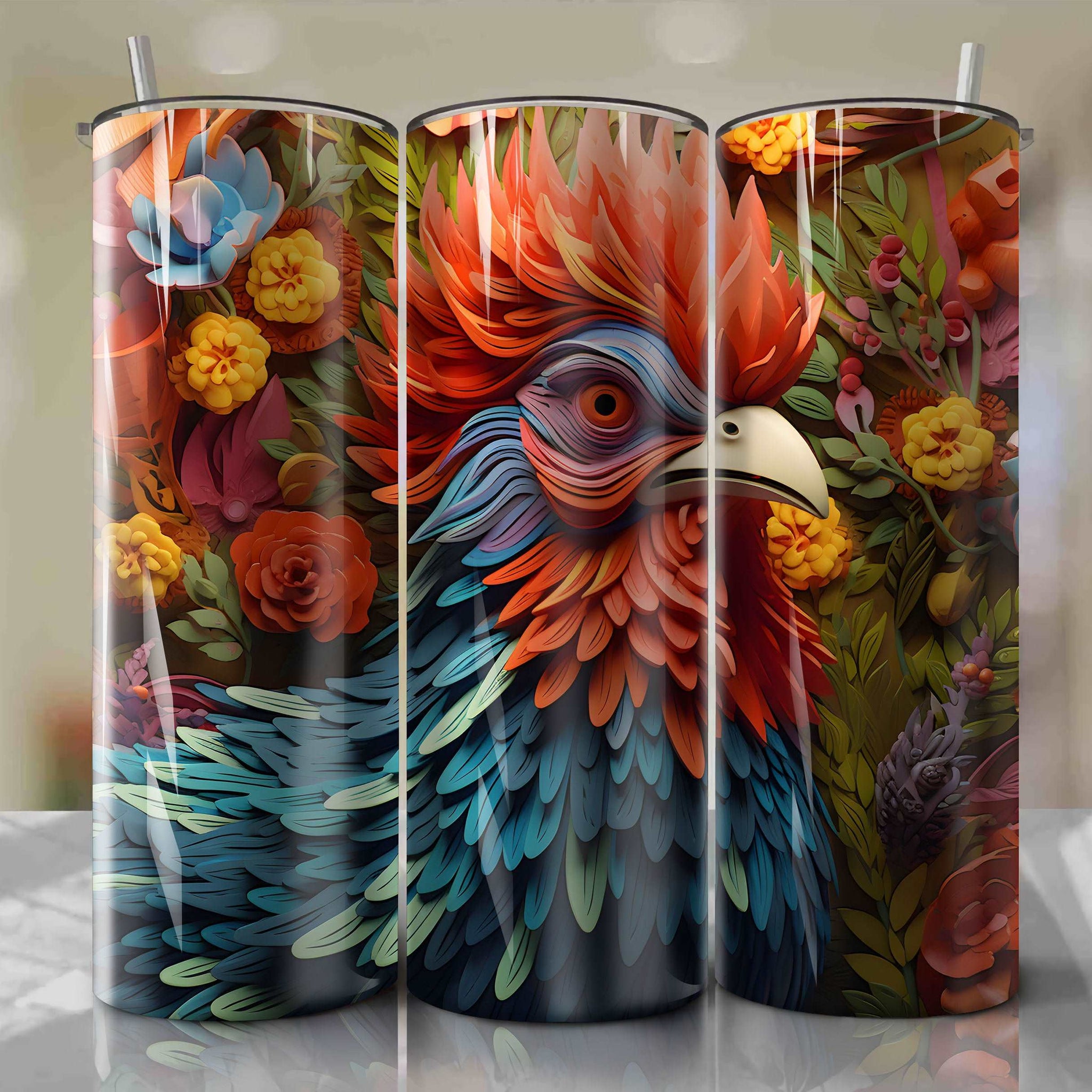 Heihei 3D Floral Skinny Tumbler 20oz Wrap PNG - Sublimation - Digital Download