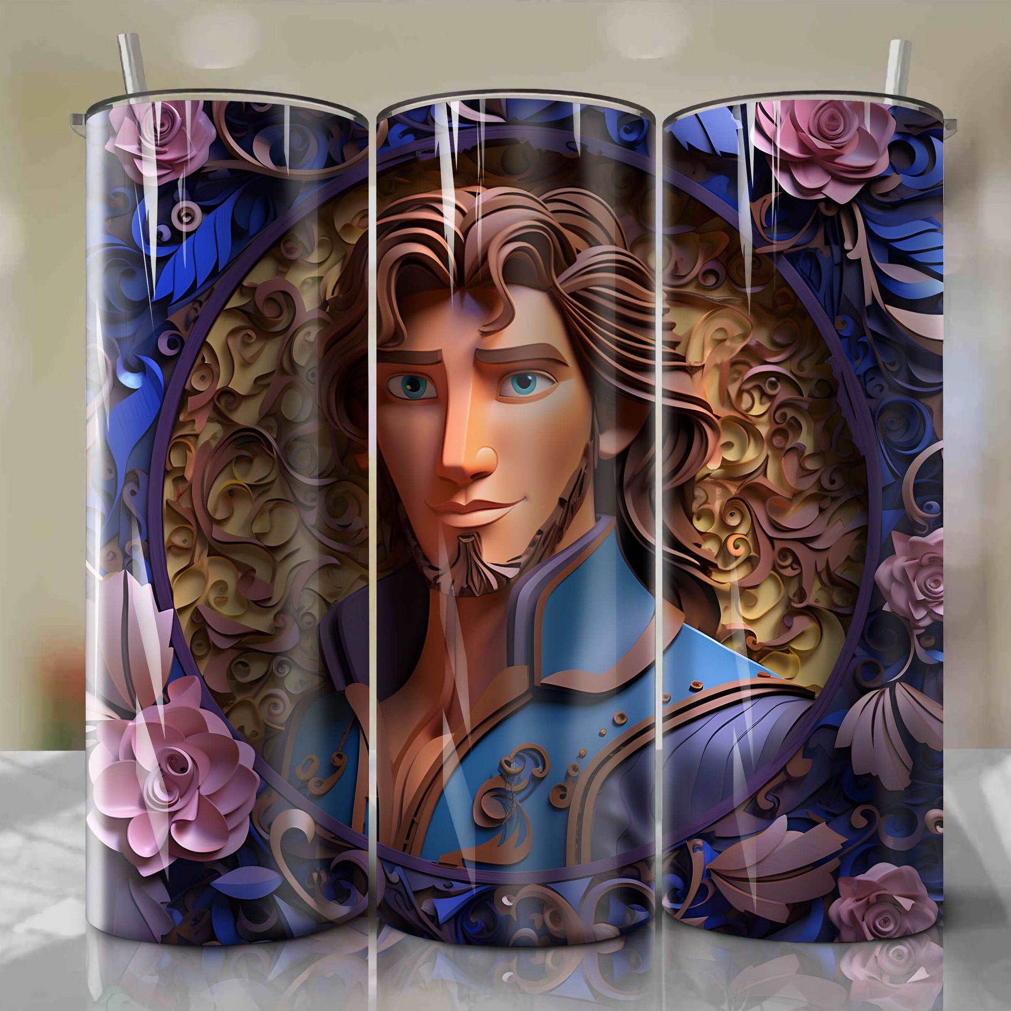 Flynn Rider 3D Floral Skinny Tumbler 20oz Wrap PNG - Sublimation - Digital Download