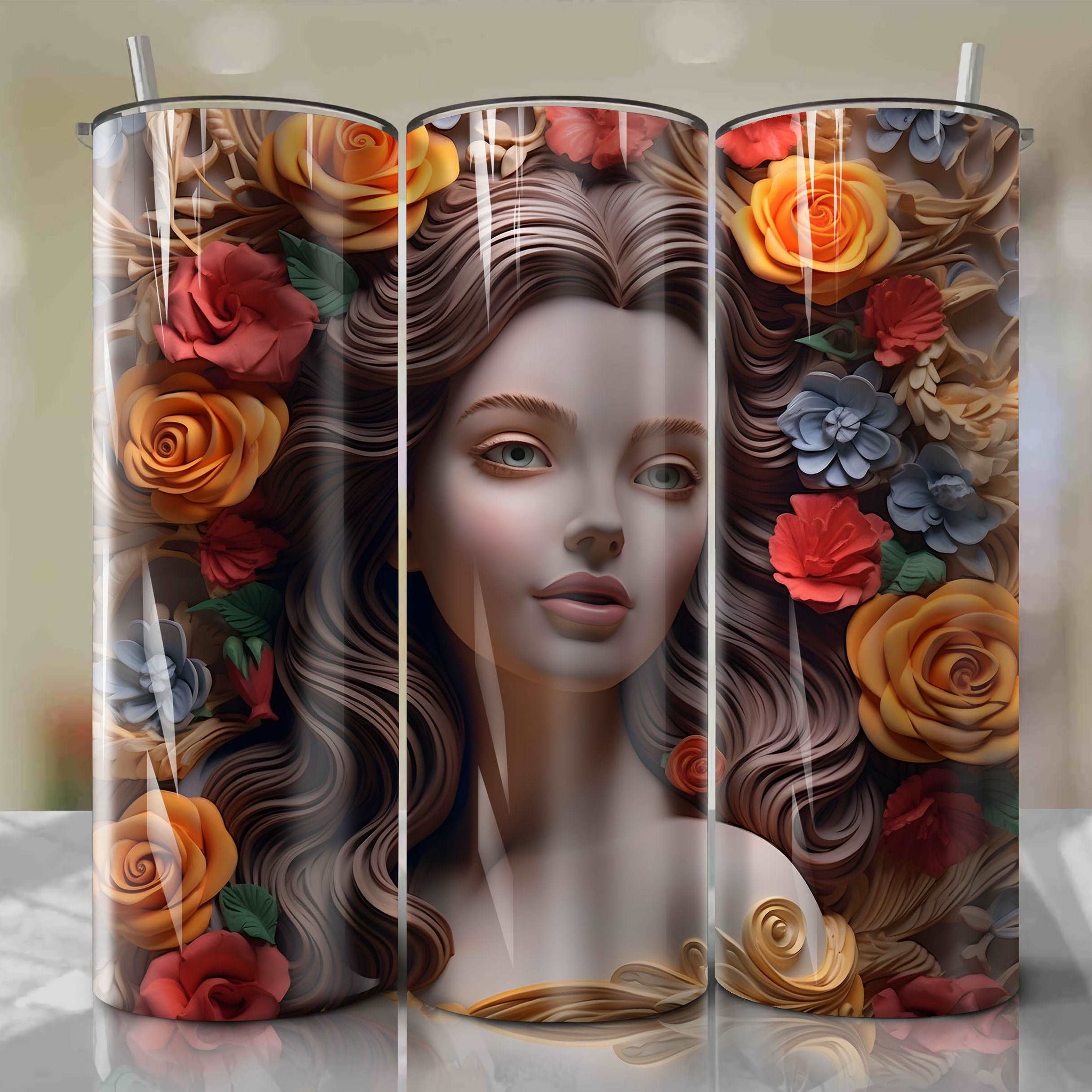 Belle 3D Floral Skinny Tumbler 20oz Wrap PNG - Sublimation - Digital Download