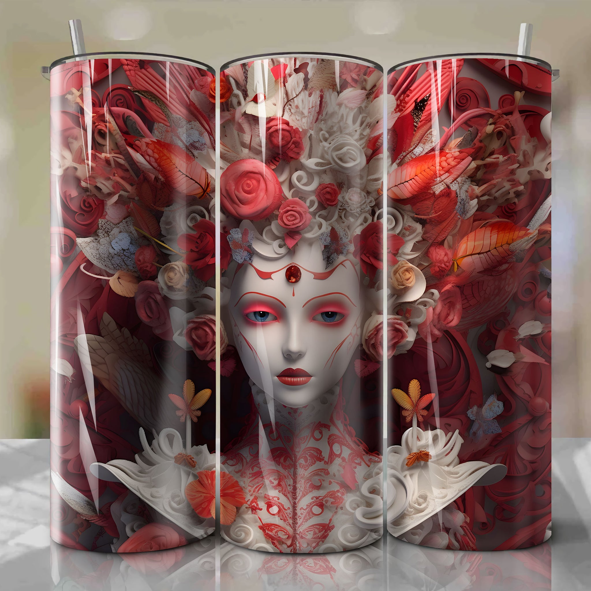 Queen of Hearts 3D Floral Skinny Tumbler 20oz Wrap PNG - Sublimation - Digital Download