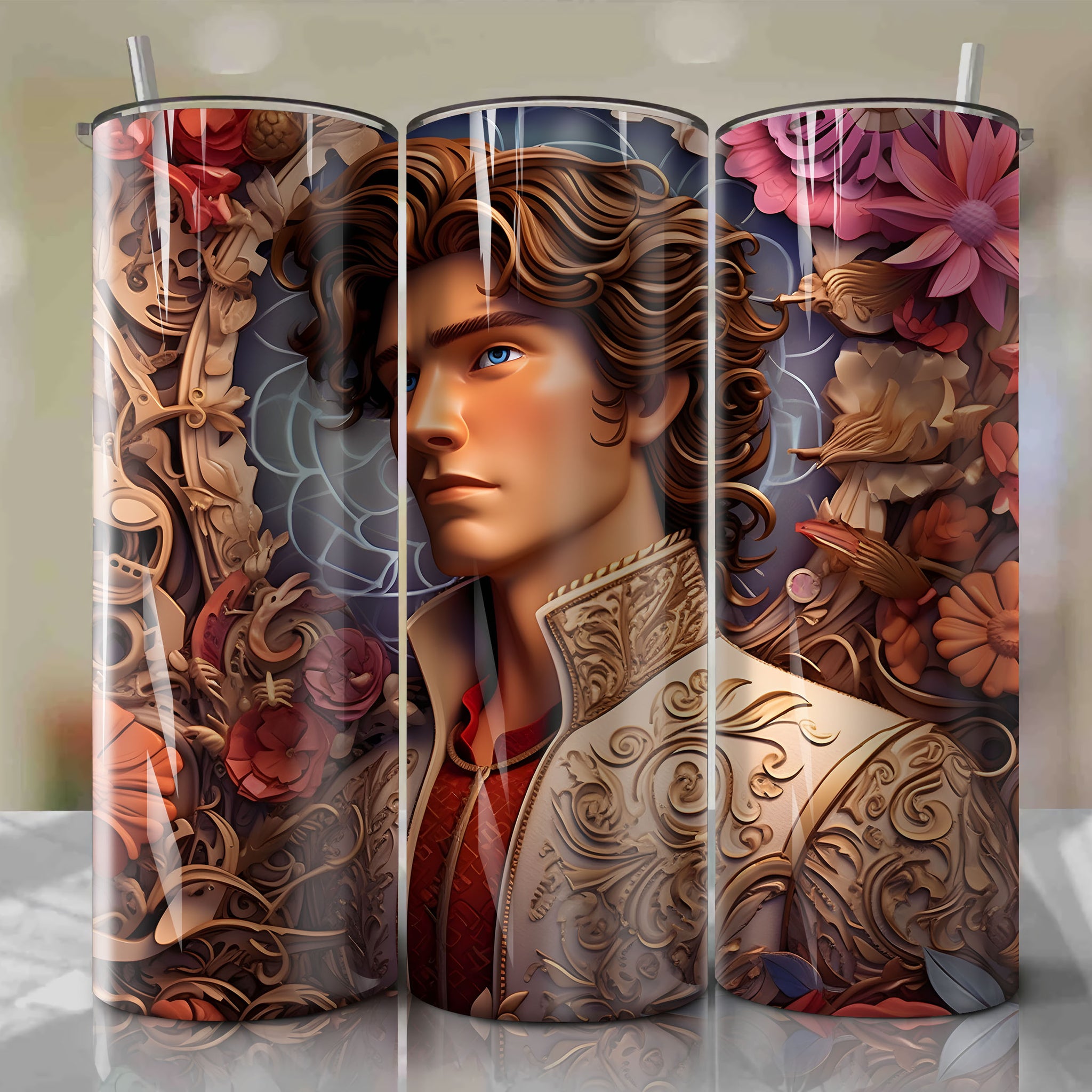 Prince Eric 3D Floral Skinny Tumbler 20oz Wrap PNG - Sublimation - Digital Download