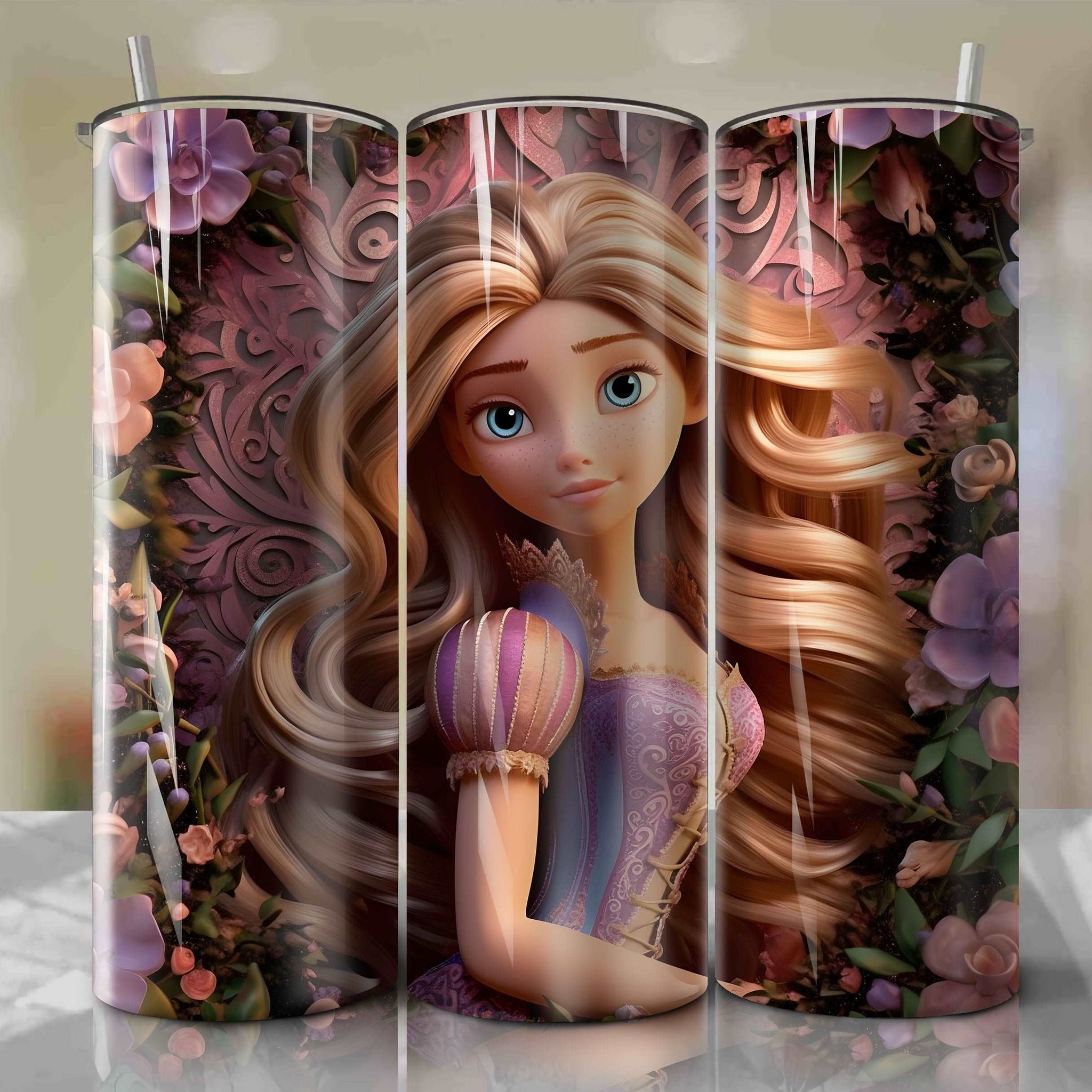 Rapunzel 3D Floral Skinny Tumbler 20oz Wrap PNG - Sublimation - Digital Download