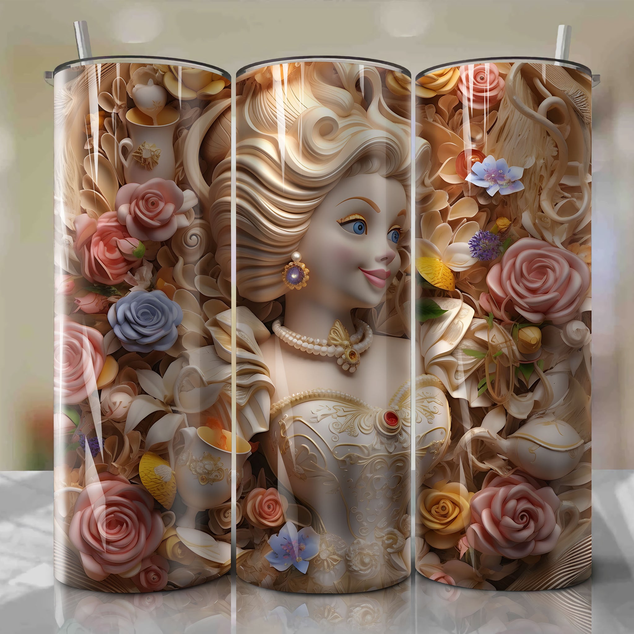 Mrs. Potts 3D Floral Skinny Tumbler 20oz Wrap PNG - Sublimation - Digital Download