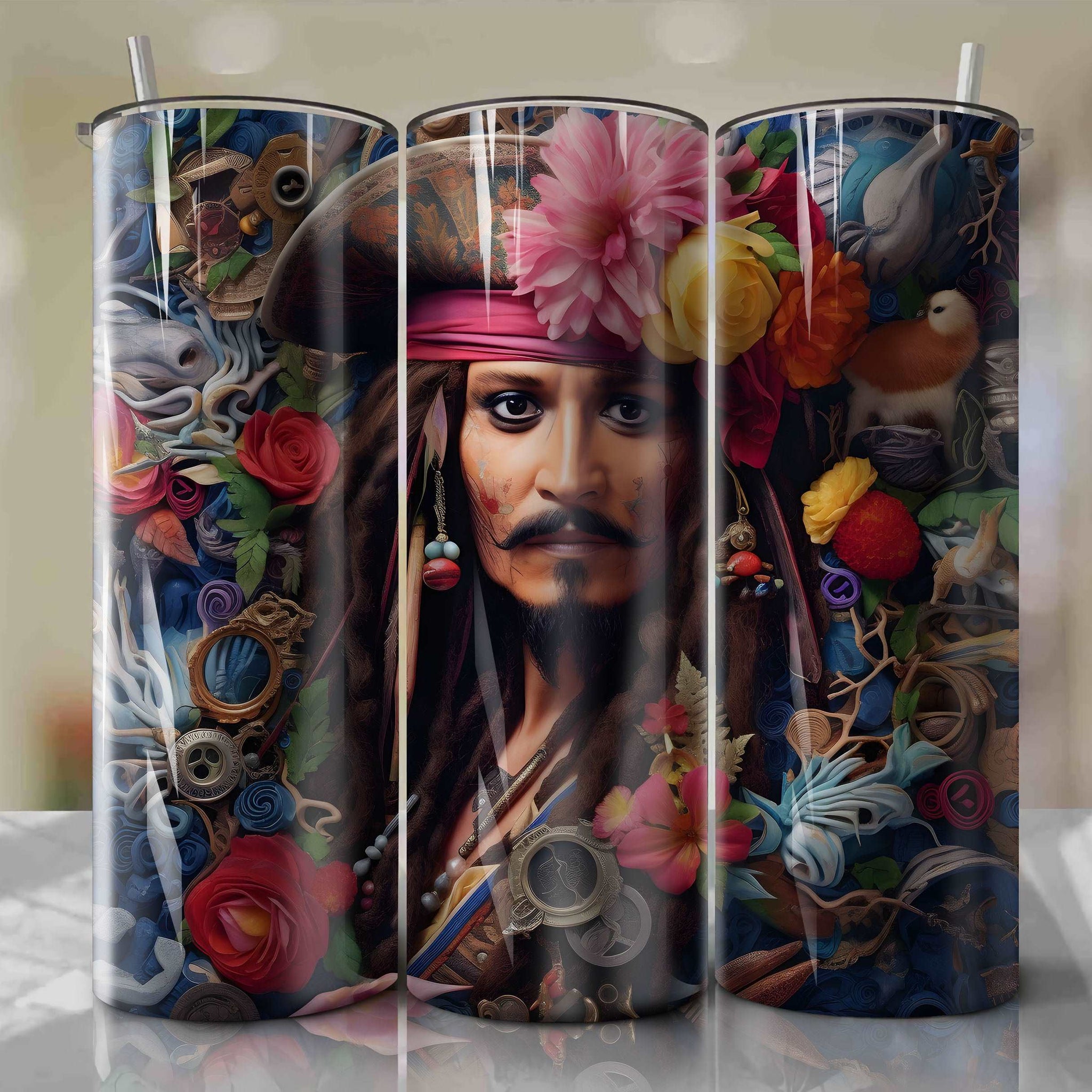 Captain Jack Sparrow 3D Floral Skinny Tumbler 20oz Wrap PNG - Sublimation - Digital Download