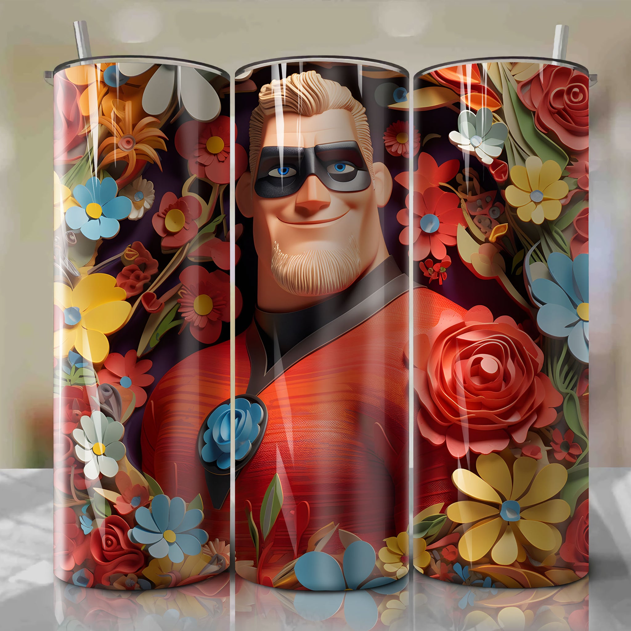 Mr. Incredible 3D Floral Skinny Tumbler 20oz Wrap PNG - Sublimation - Digital Download