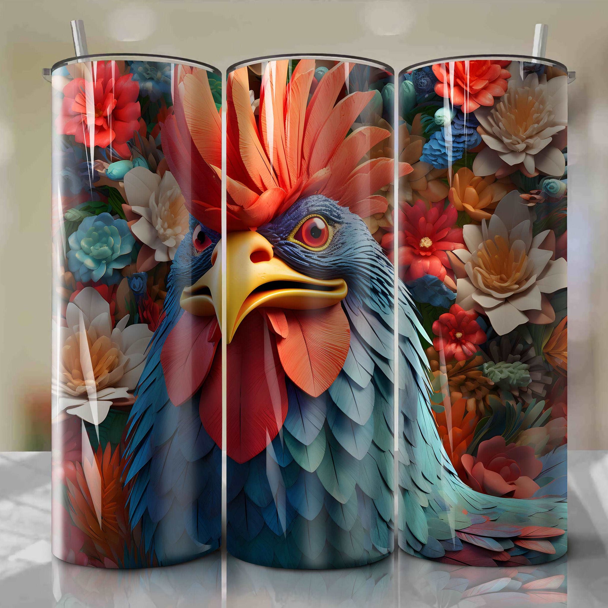 Heihei 3D Floral Skinny Tumbler 20oz Wrap PNG - Sublimation - Digital Download