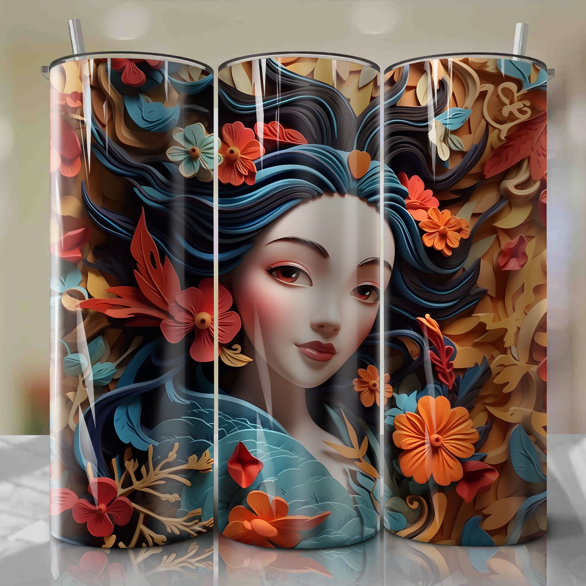 Li Shang 3D Floral Skinny Tumbler 20oz Wrap PNG - Sublimation - Digital Download