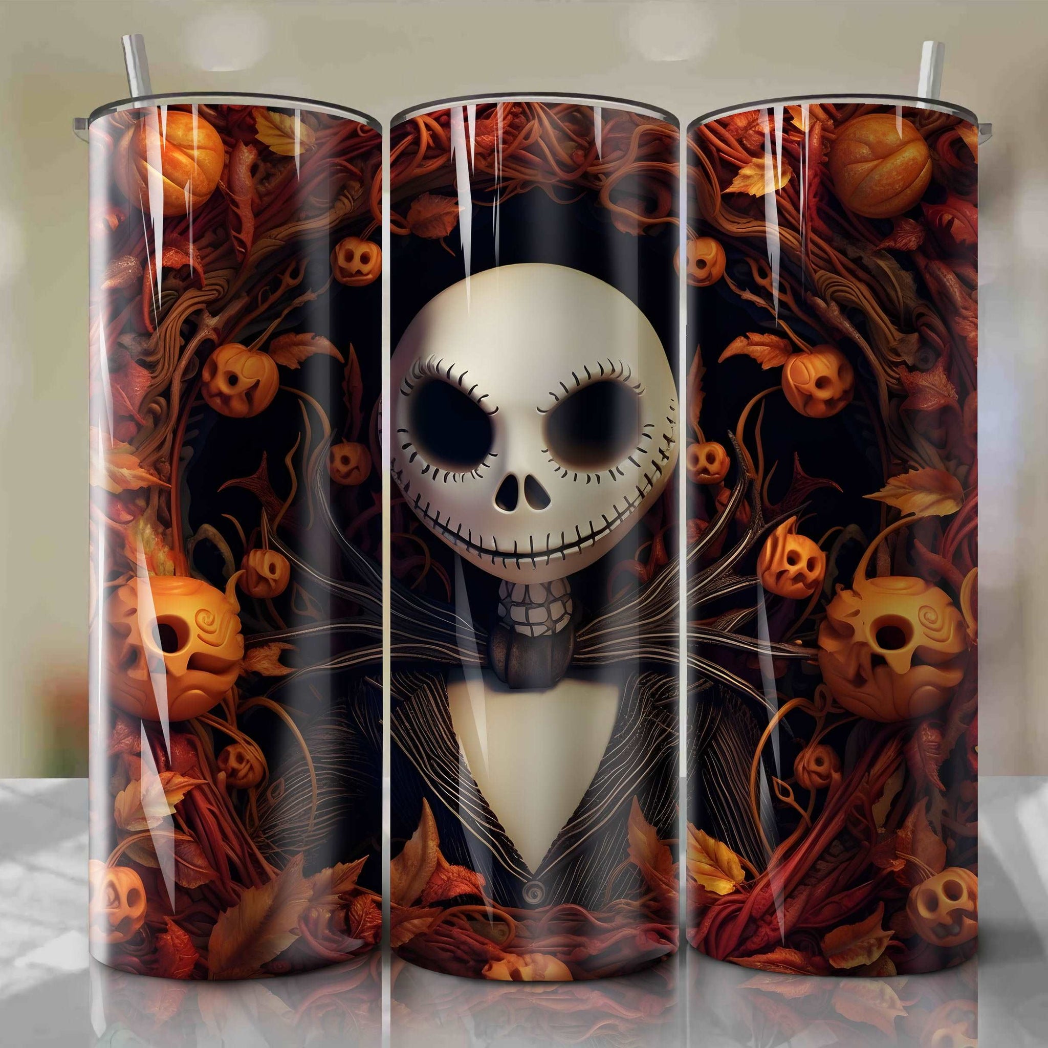 Jack Skellington 3D Floral Skinny Tumbler 20oz Wrap PNG - Sublimation - Digital Download