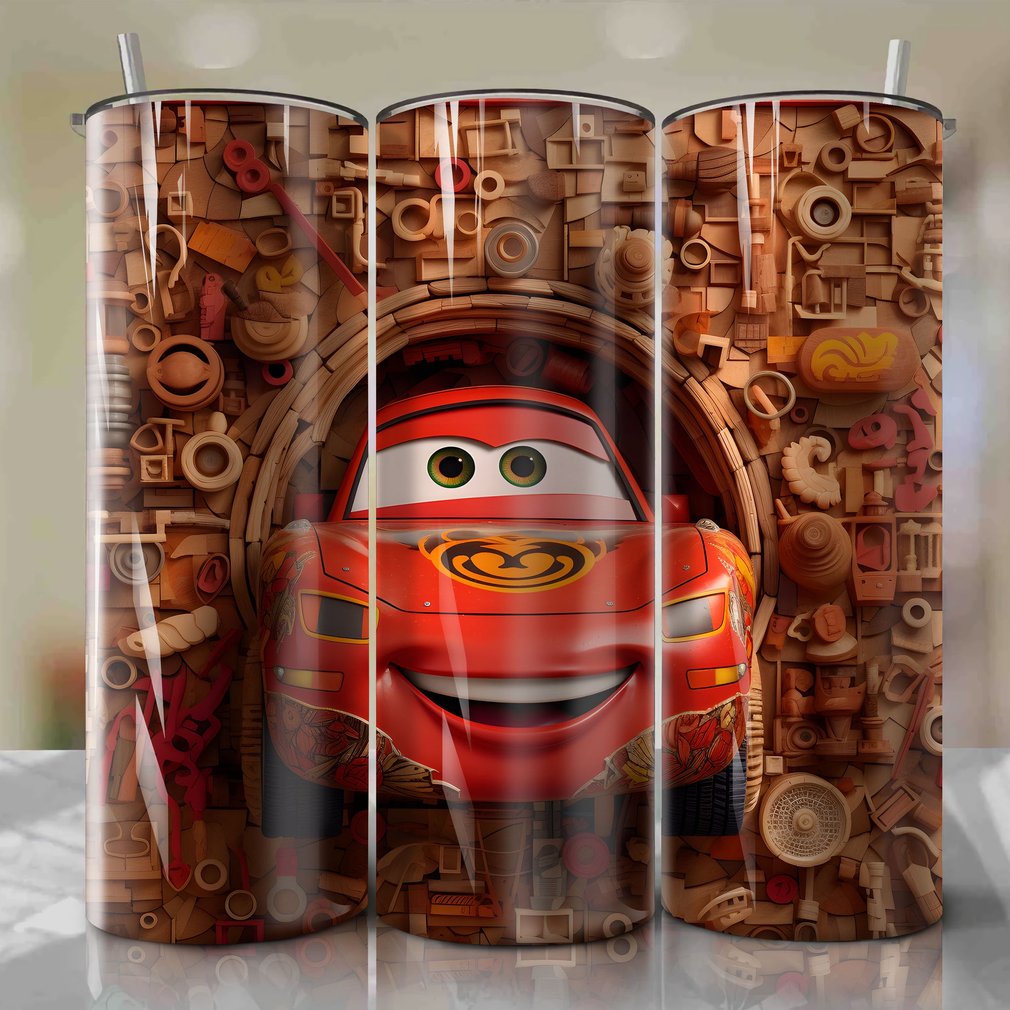 Cars - Lightning McQueen 3D Wooden Skinny Tumbler 20oz Wrap PNG - Sublimation - Digital Download