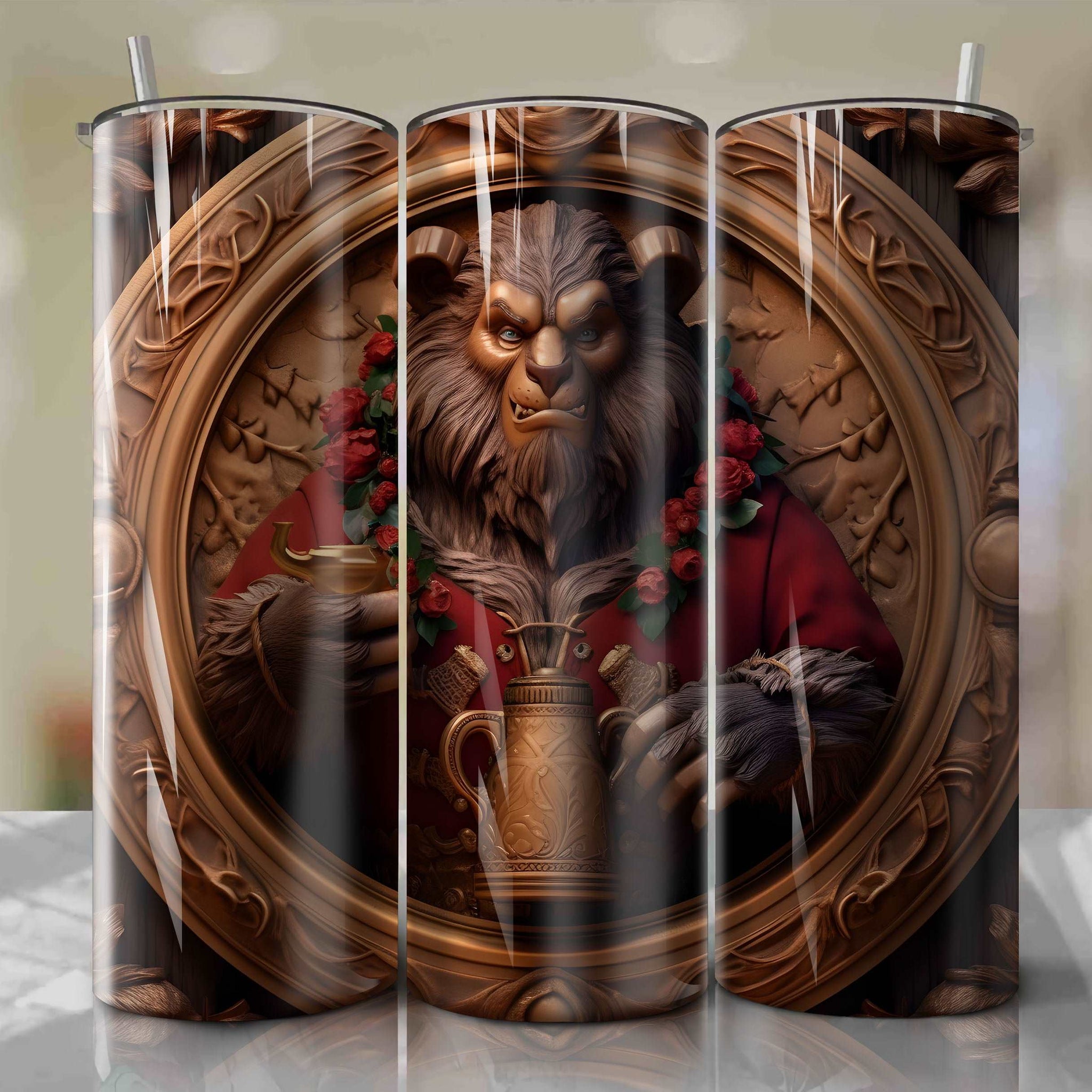 Beauty and the Beast - Beast 3D Wooden Skinny Tumbler 20oz Wrap PNG - Sublimation - Digital Download