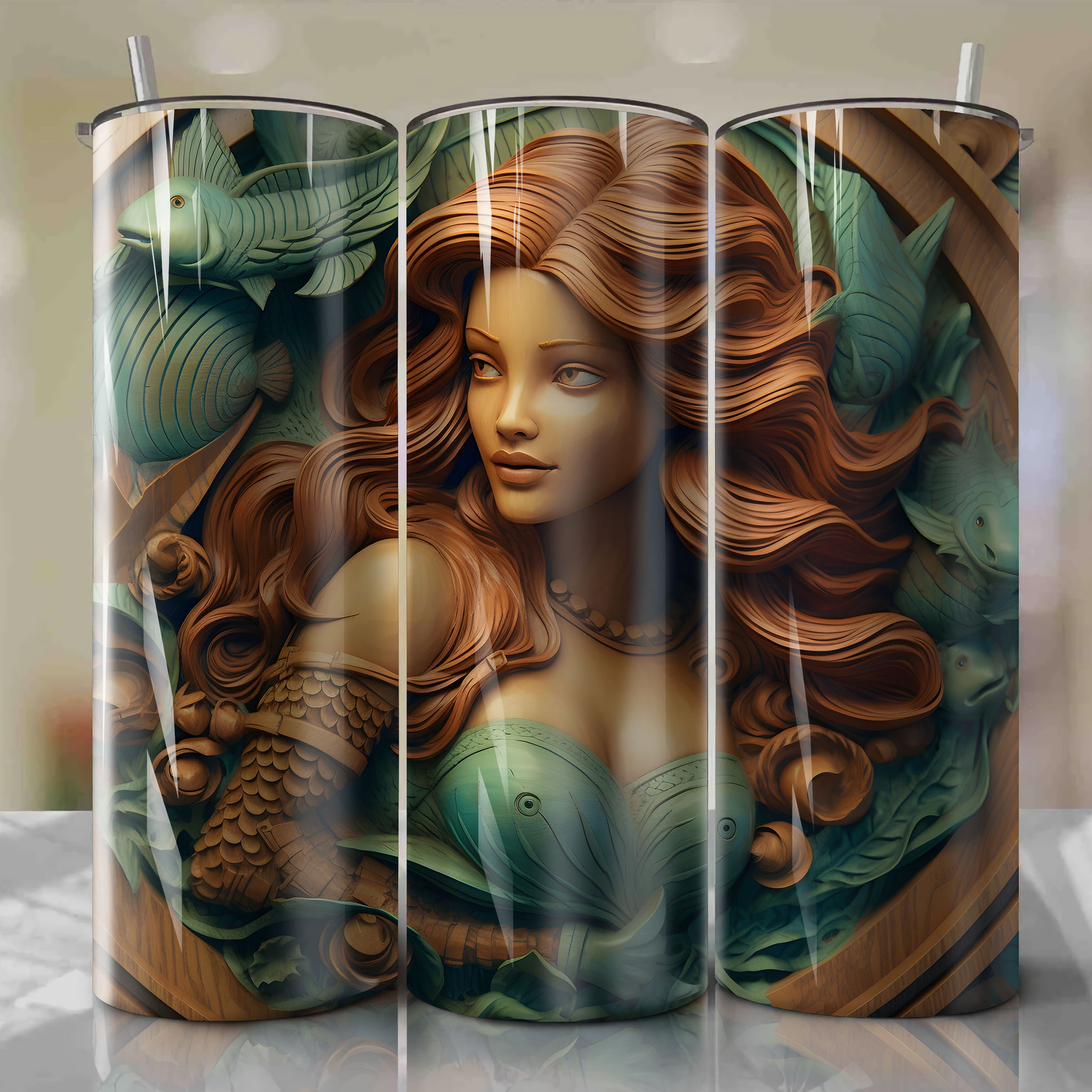 The Little Mermaid - Ariel 3D Wooden Skinny Tumbler 20oz Wrap PNG - Sublimation - Digital Download