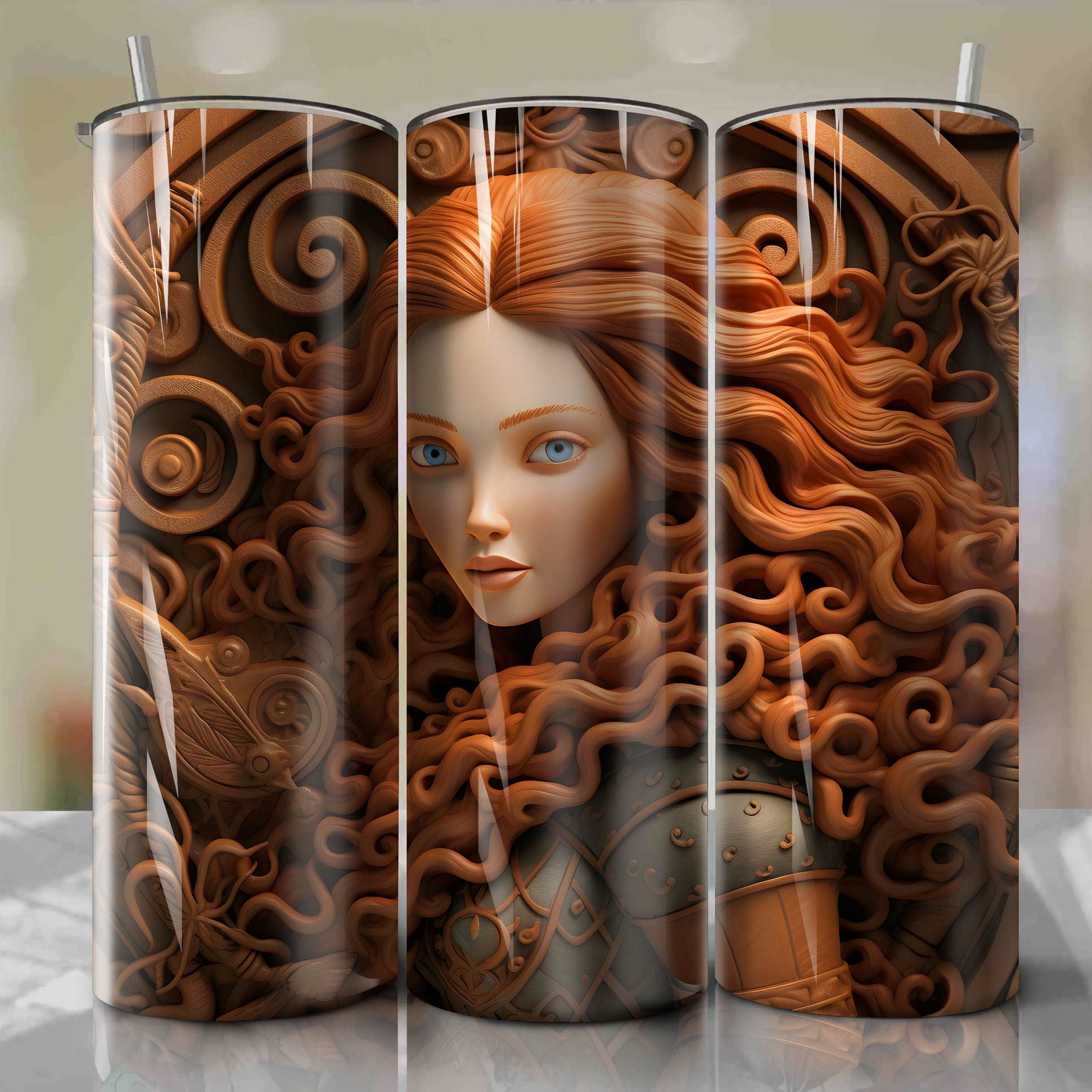 Brave - Merida 3D Wooden Skinny Tumbler 20oz Wrap PNG - Sublimation - Digital Download