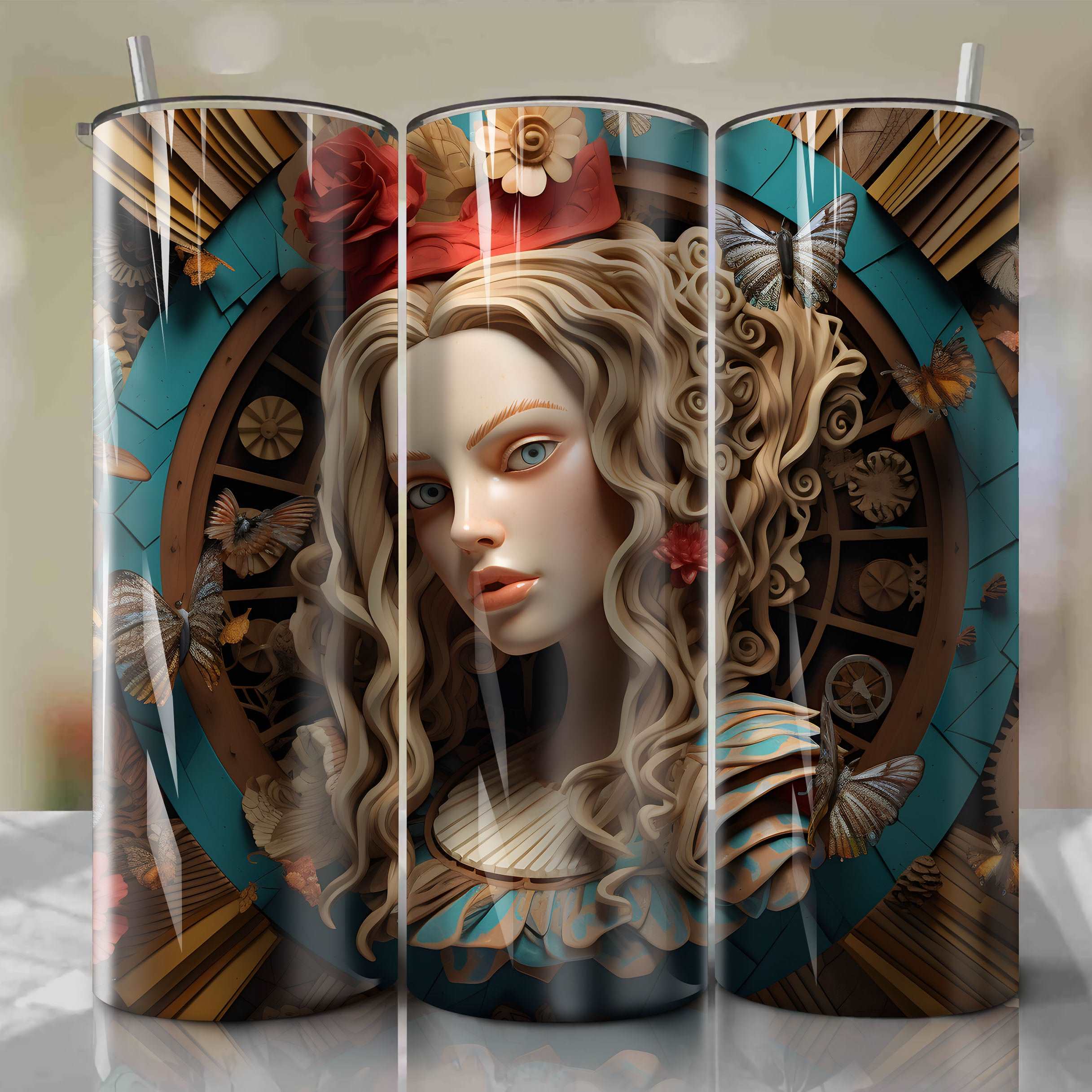 Alice in Wonderland - Alice 3D Wooden Skinny Tumbler 20oz Wrap PNG - S