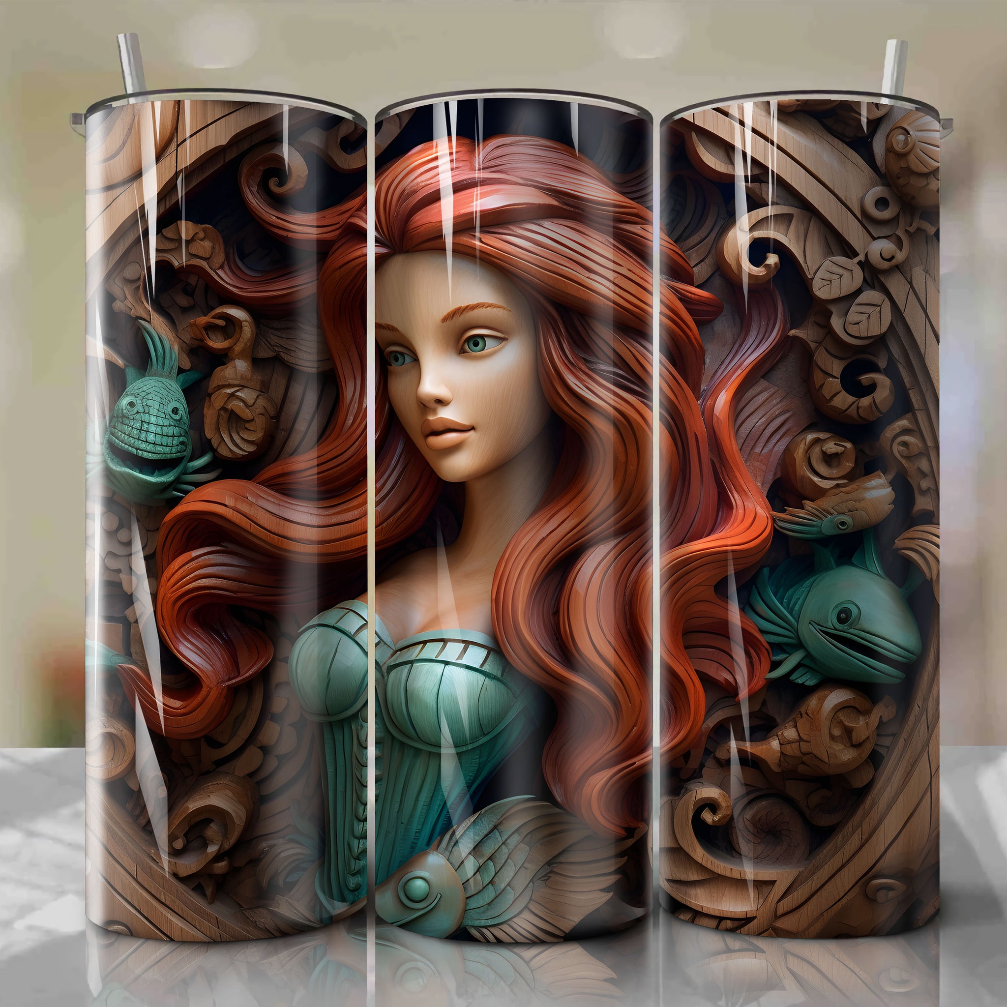 The Little Mermaid - Ariel 3D Wooden Skinny Tumbler 20oz Wrap PNG - Sublimation - Digital Download