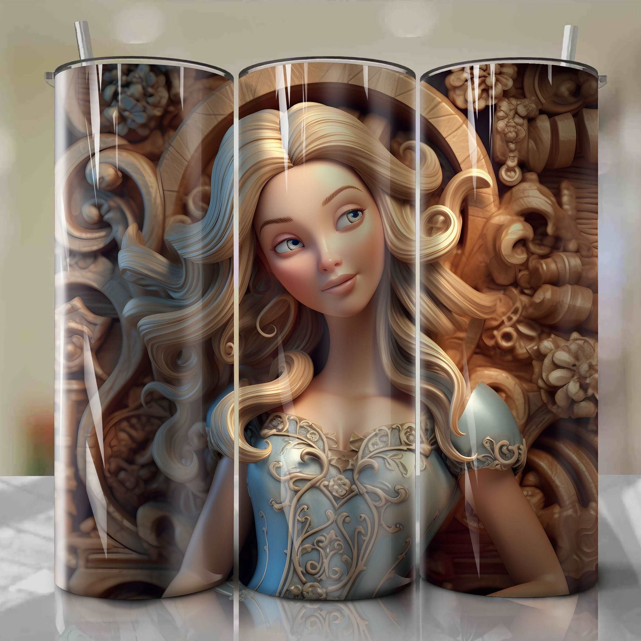 Cinderella 3D Wooden Skinny Tumbler 20oz Wrap PNG - Sublimation - Digital Download