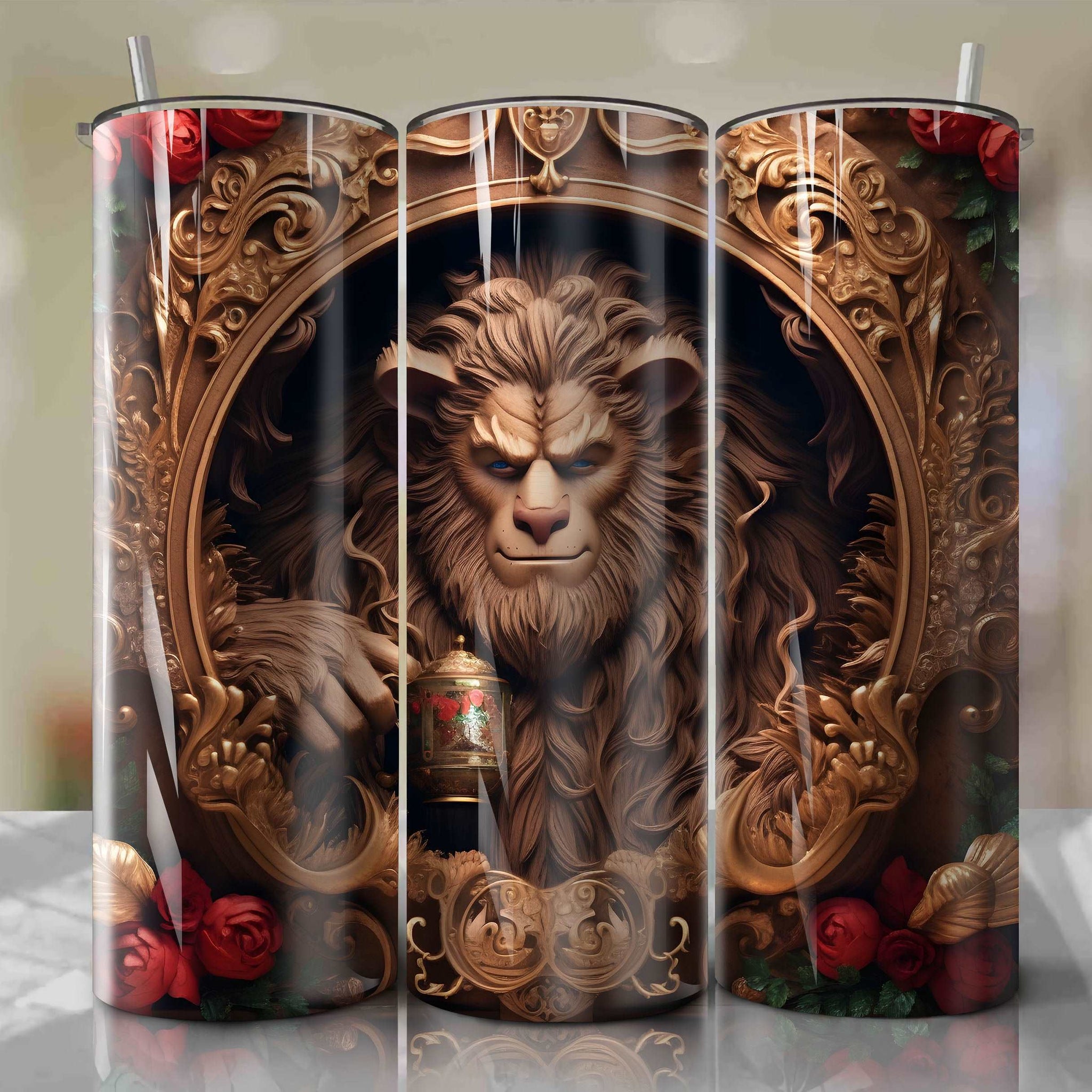 Beauty and the Beast - Beast 3D Wooden Skinny Tumbler 20oz Wrap PNG - Sublimation - Digital Download