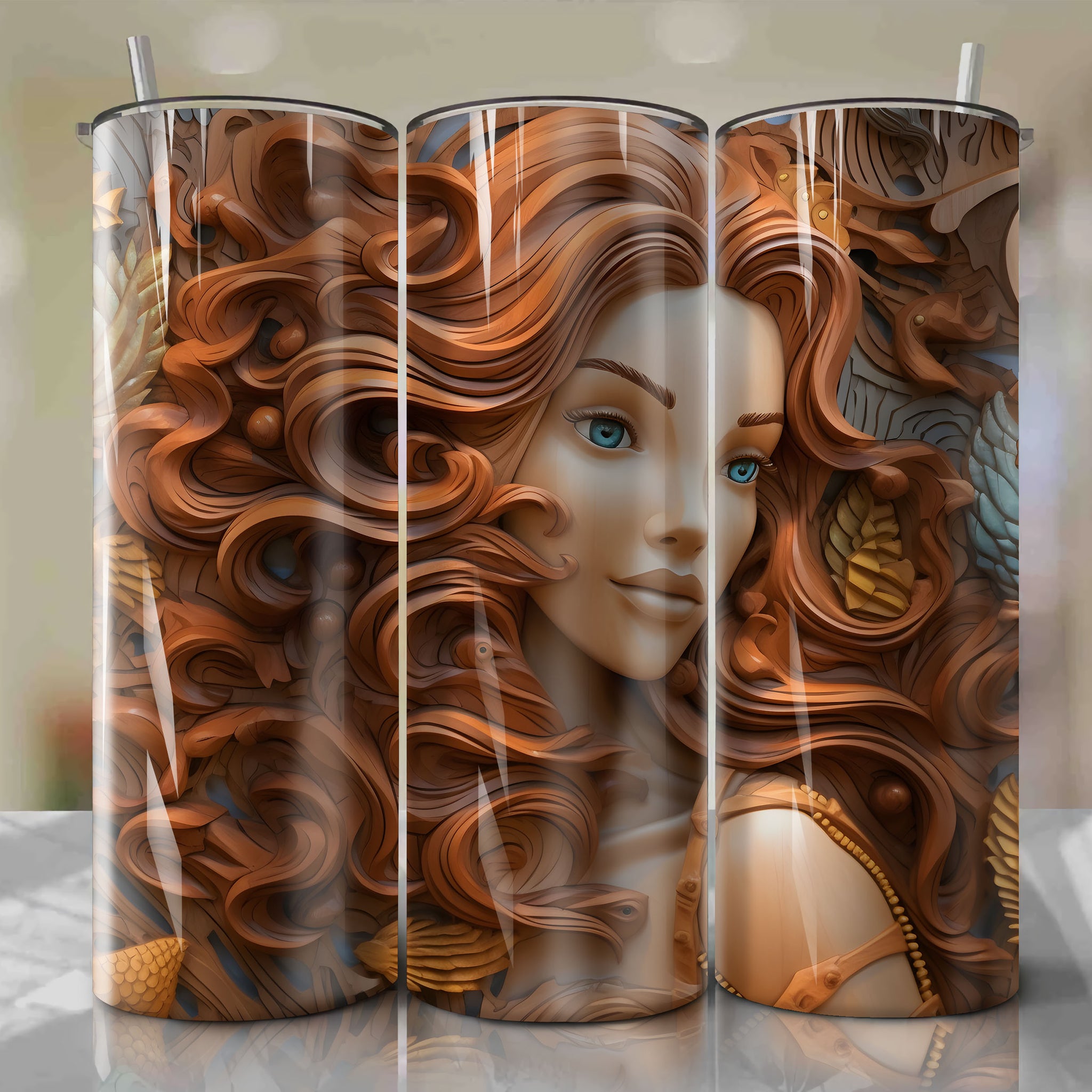 The Little Mermaid - Melody 3D Wooden Skinny Tumbler 20oz Wrap PNG - Sublimation - Digital Download