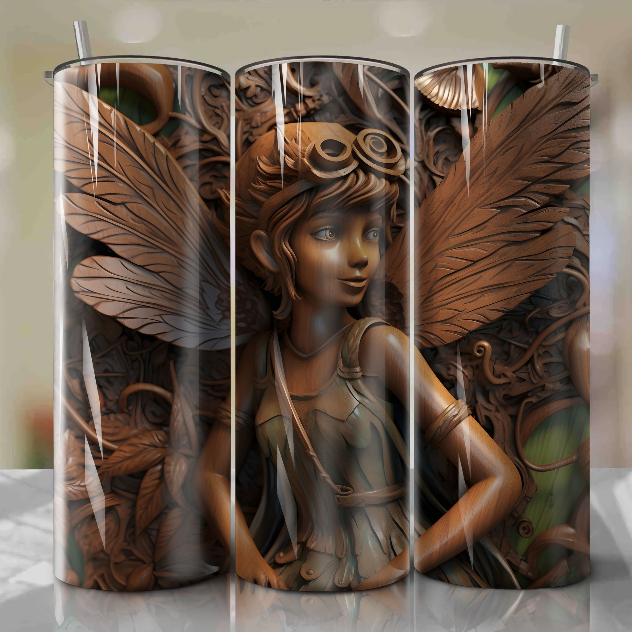 Peter Pan - Tinker Bell 3D Wooden Skinny Tumbler 20oz Wrap PNG - Sublimation - Digital Download