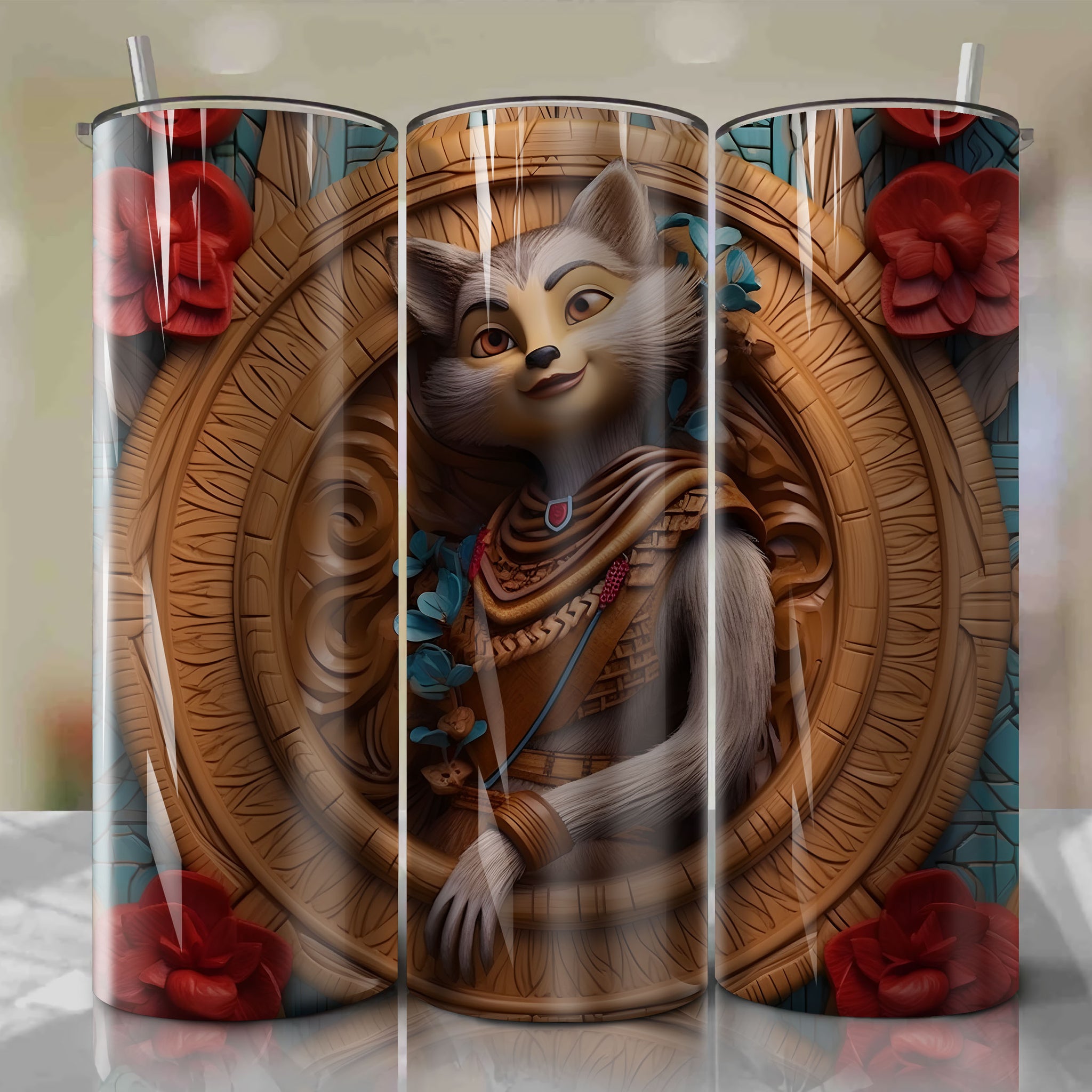 Pocahontas - Meeko 3D Wooden Skinny Tumbler 20oz Wrap PNG - Sublimation - Digital Download