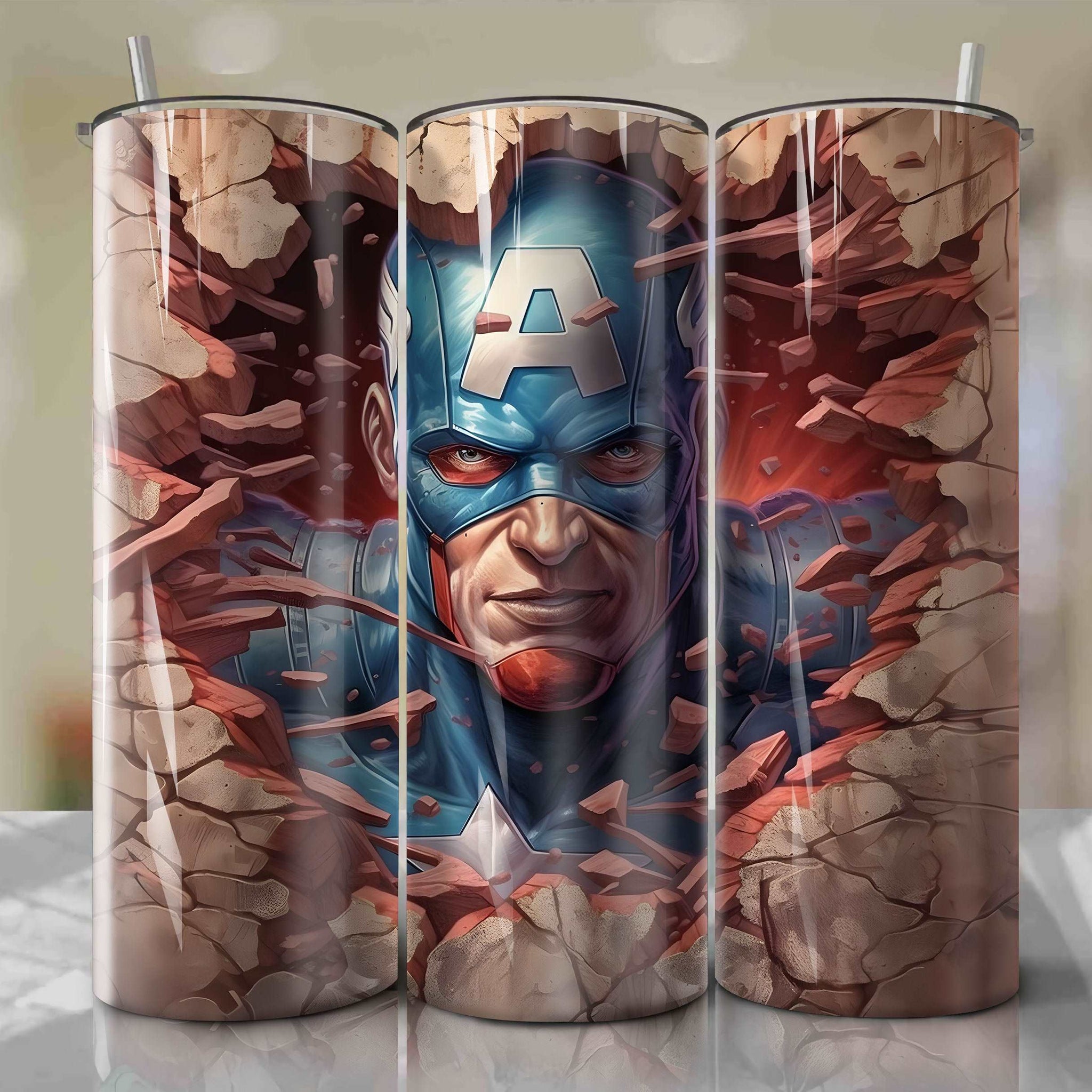 Captain America Wrap PNG Skinny Tumbler 20oz - Sublimation 3D Cracked Design | Digital Download