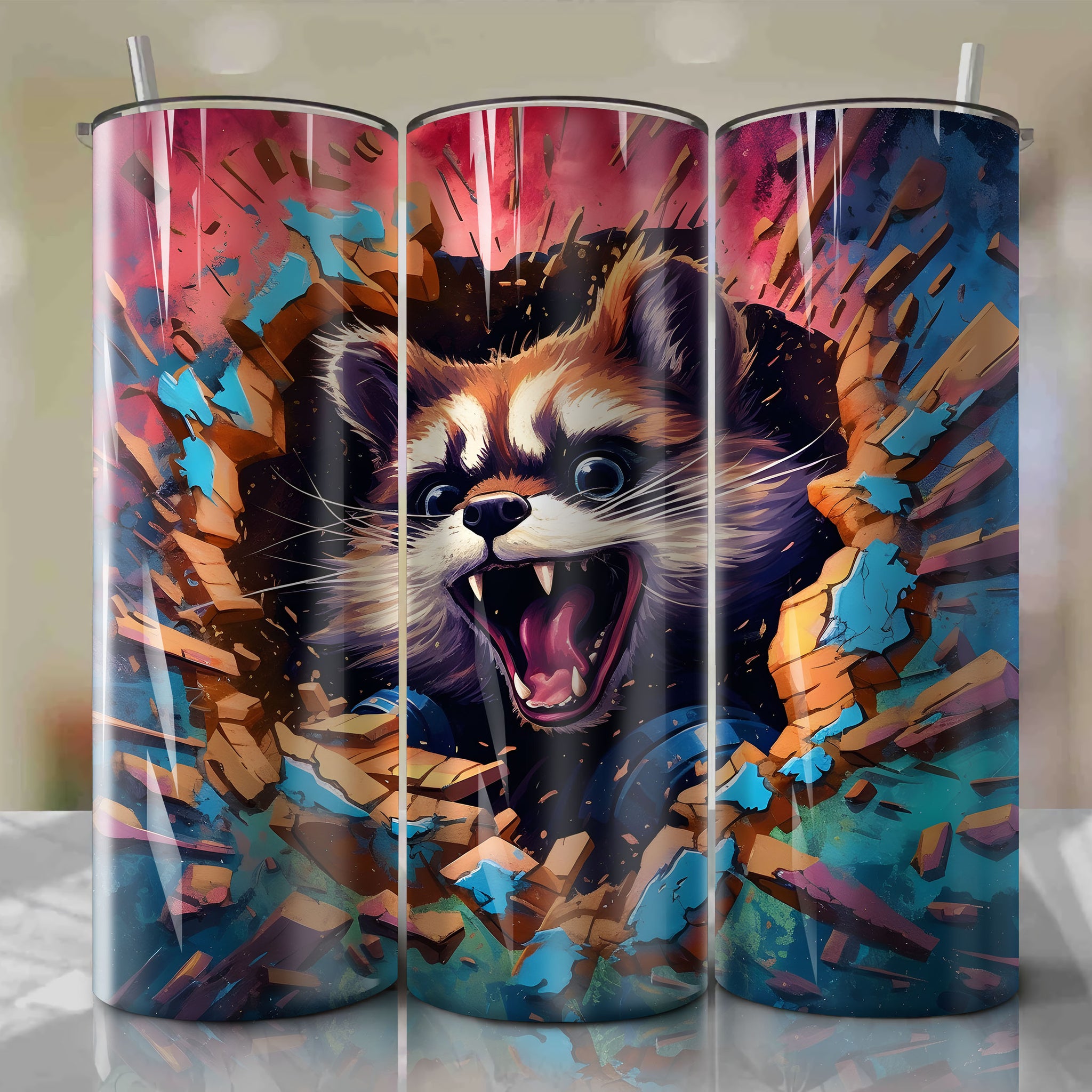 Rocket Raccoon Wrap PNG Skinny Tumbler 20oz - Sublimation 3D Cracked Design | Digital Download