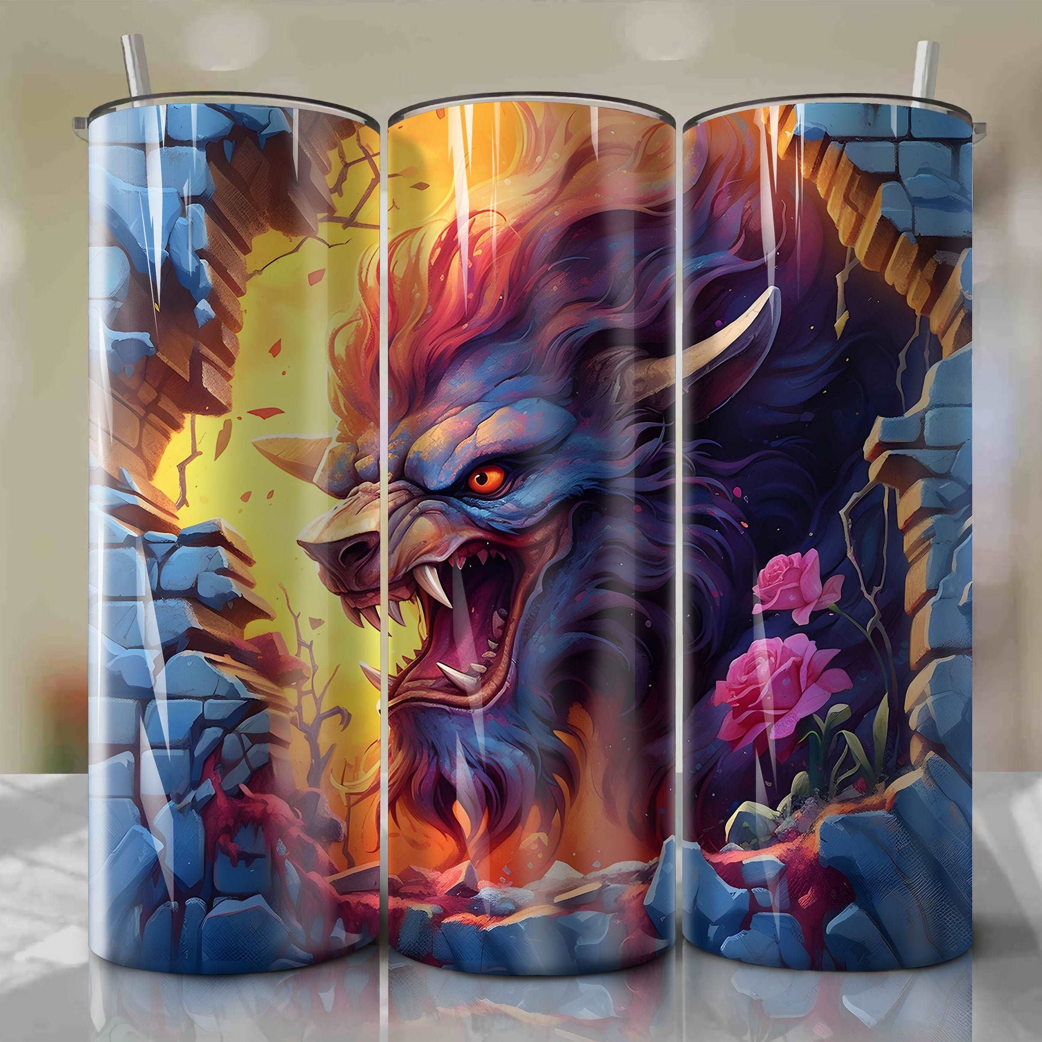 Beauty and the Beast - Beast Crack 3D Skinny Tumbler 20oz Wrap PNG - Sublimation - Digital Download