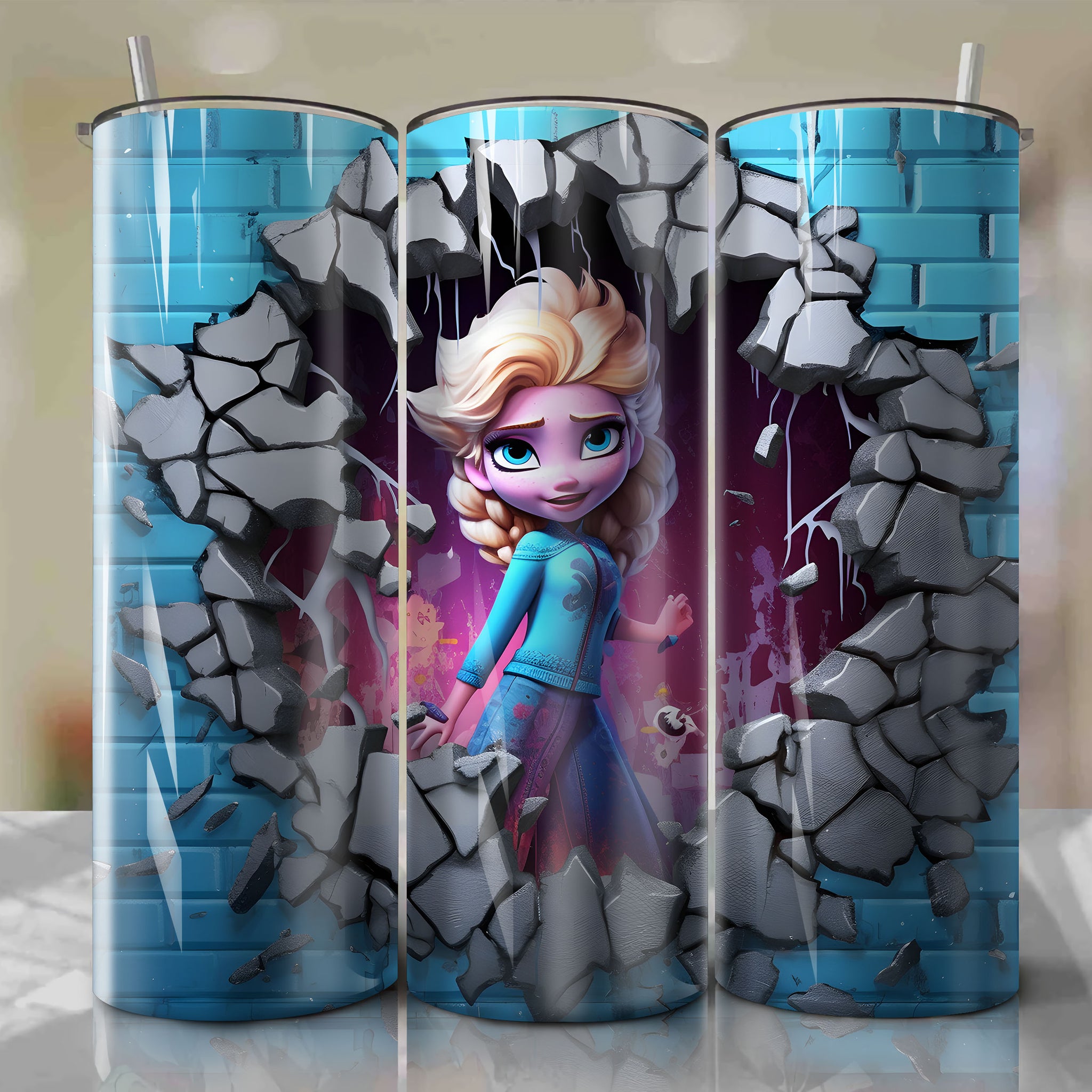 Frozen - Elsa Crack 3D Skinny Tumbler 20oz Wrap PNG - Sublimation - Digital Download
