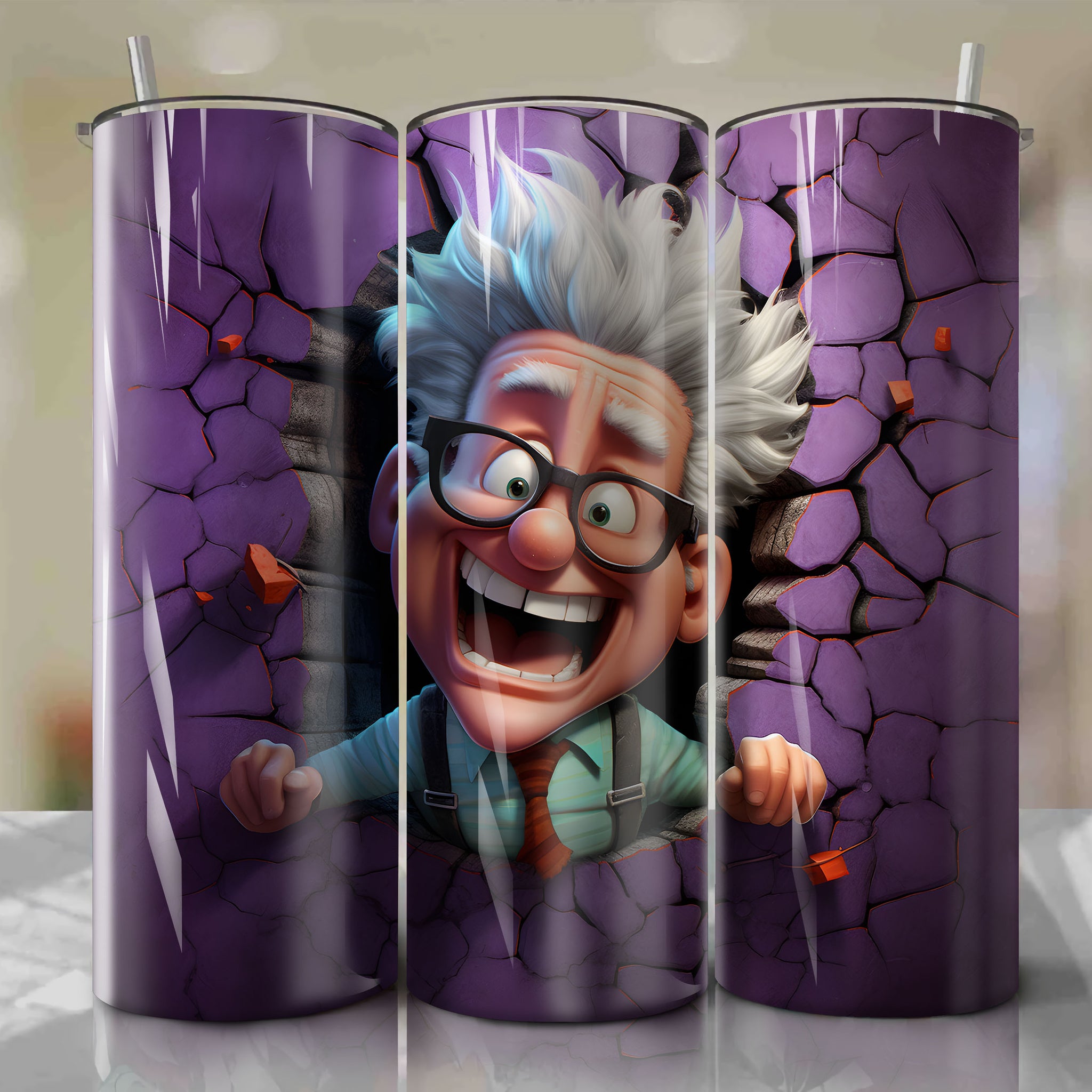 Up - Carl Fredricksen Crack 3D Skinny Tumbler 20oz Wrap PNG - Sublimation - Digital Download