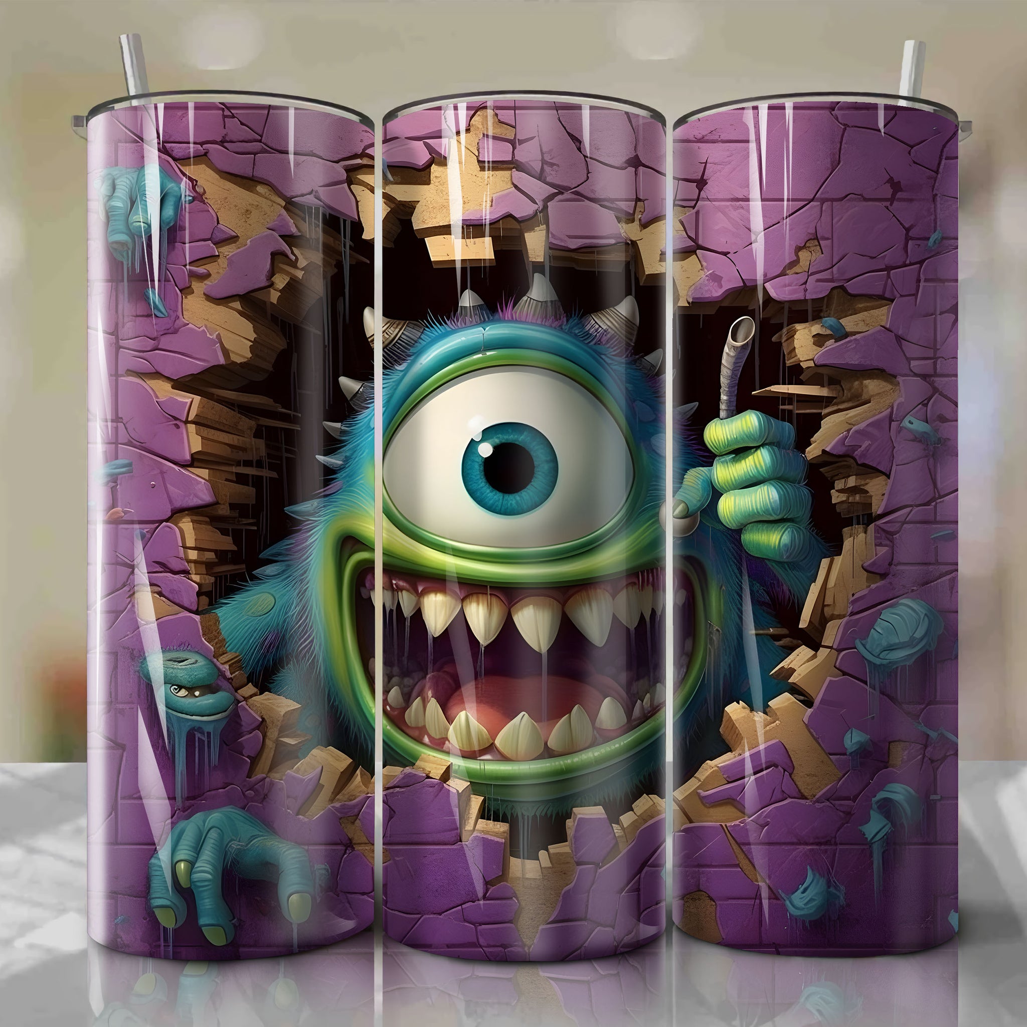 Monsters, Inc. - Mike Wazowski Crack 3D Skinny Tumbler 20oz Wrap PNG - Sublimation - Digital Download