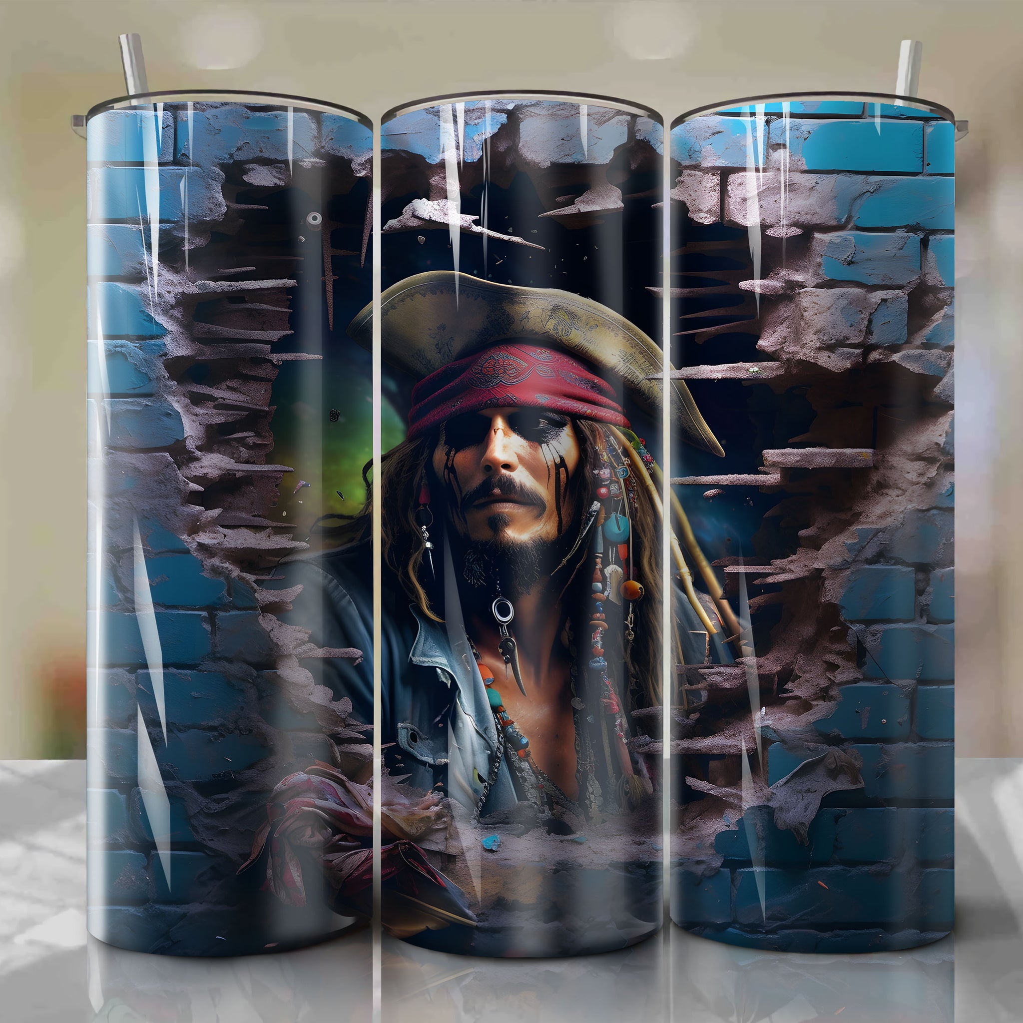 Pirates of the Caribbean - Jack Sparrow Crack 3D Skinny Tumbler 20oz Wrap PNG - Sublimation - Digital Download