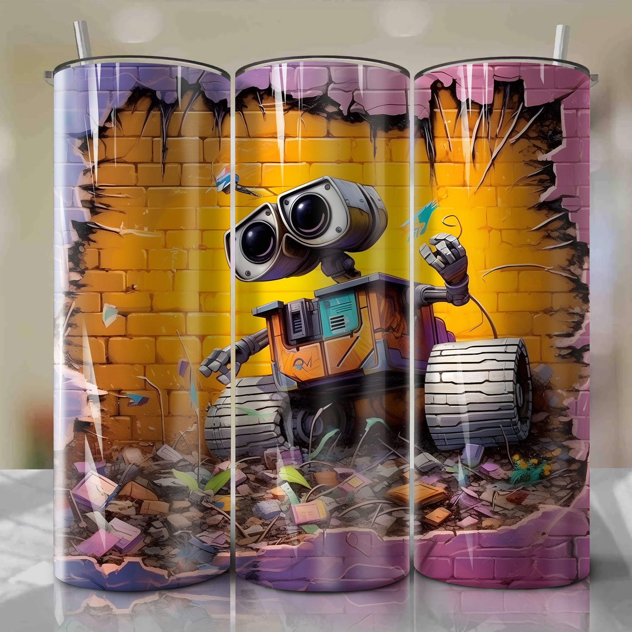 Wall-E Crack 3D Skinny Tumbler 20oz Wrap PNG - Sublimation - Digital Download