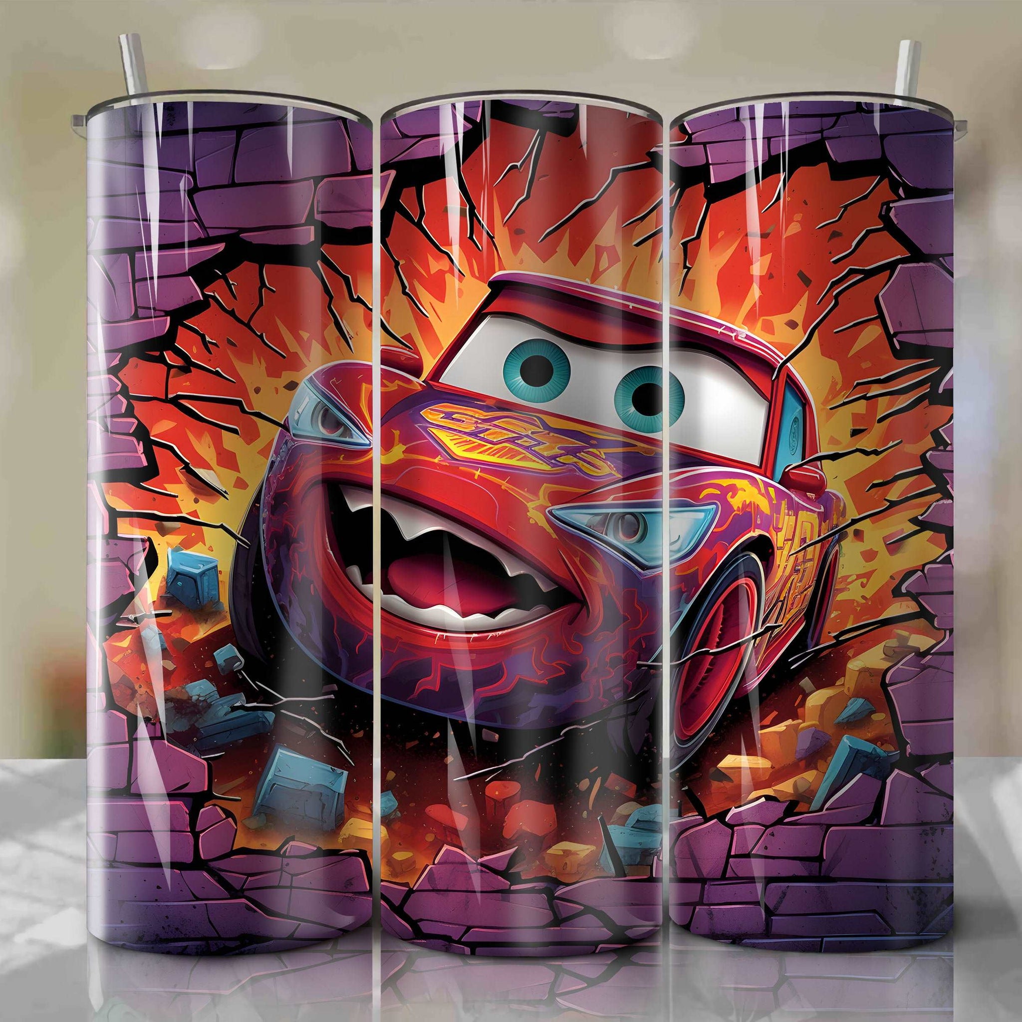 Cars - Lightning McQueen Crack 3D Skinny Tumbler 20oz Wrap PNG - Sublimation - Digital Download