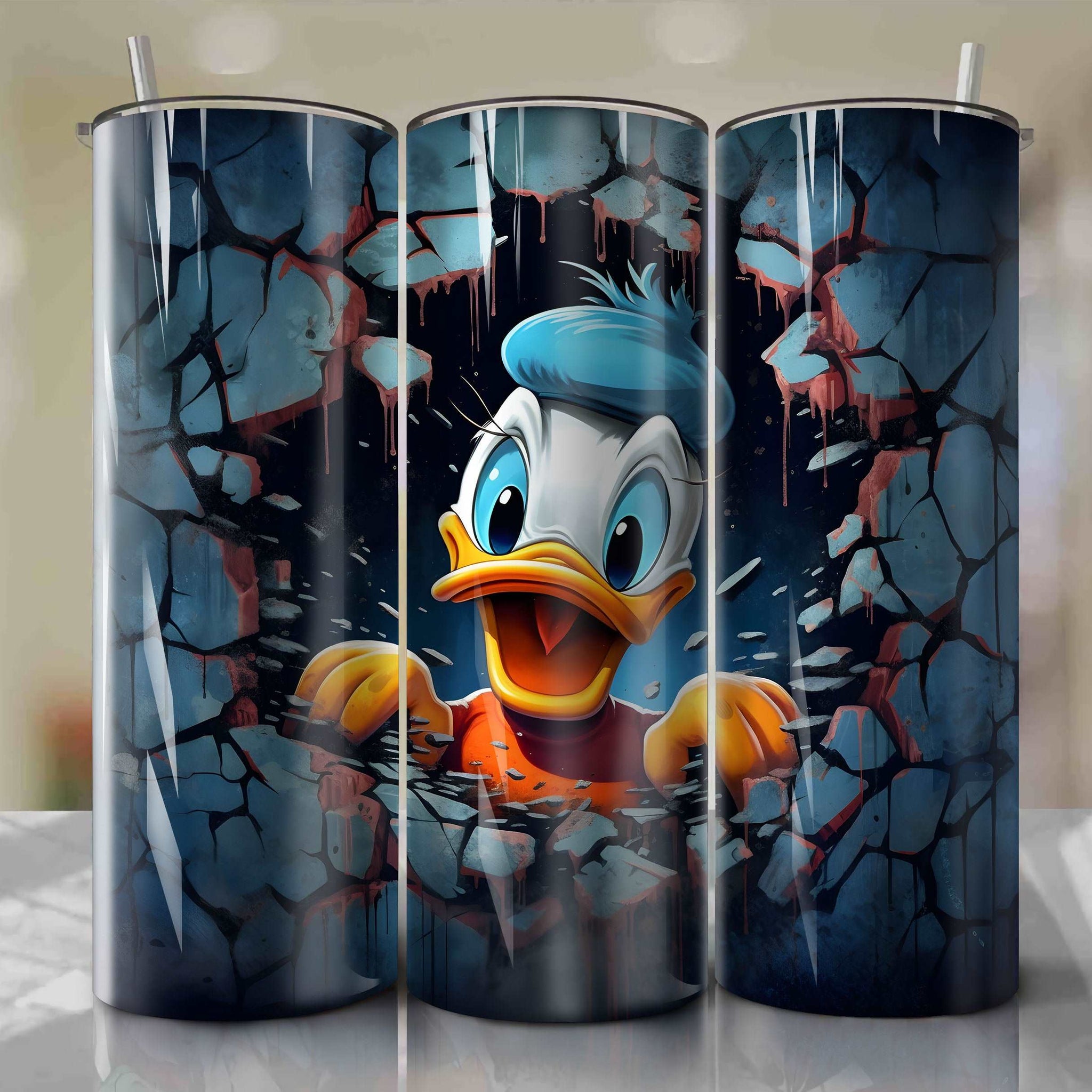 Donald Duck Crack 3D Skinny Tumbler 20oz Wrap PNG - Sublimation - Digital Download