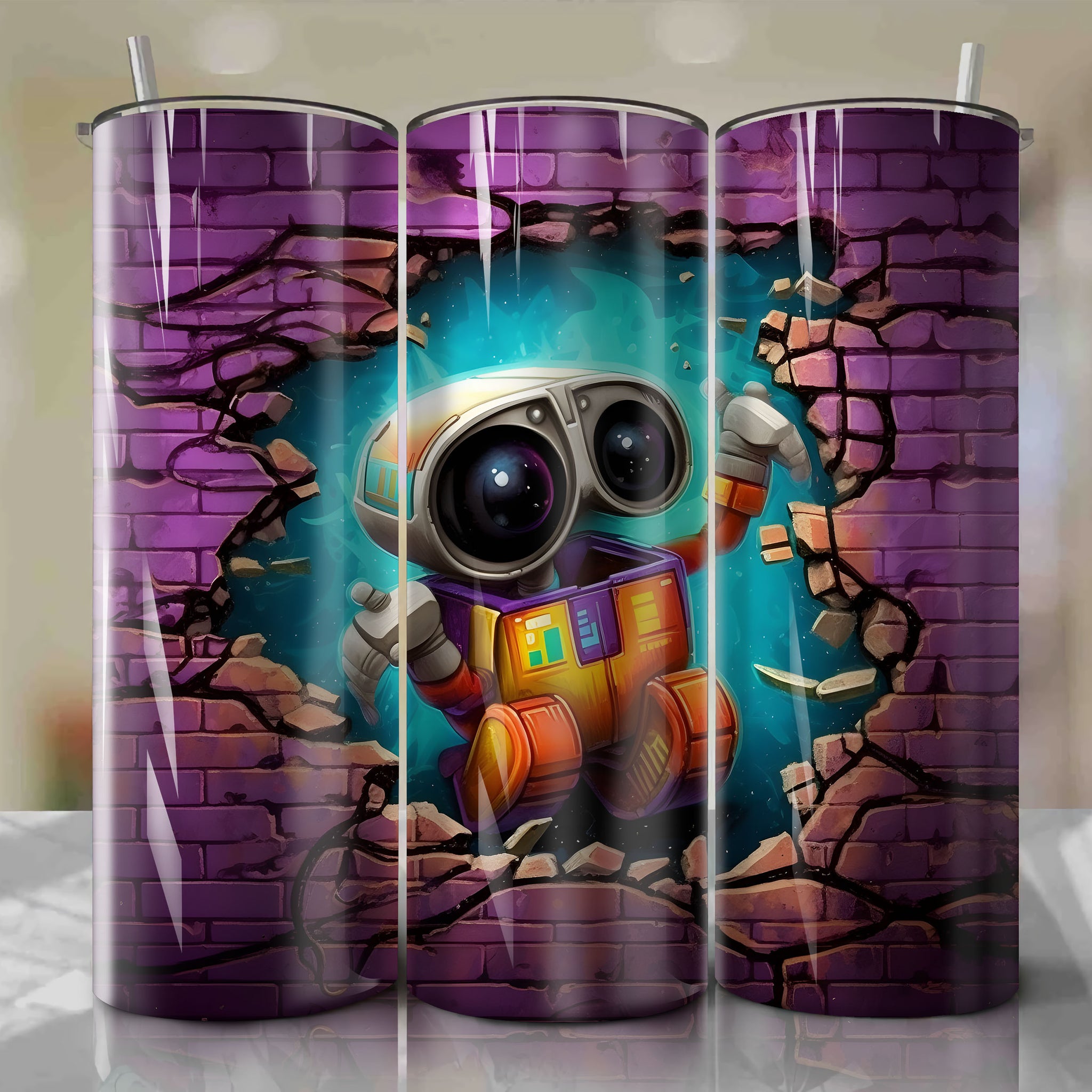 Wall-E Crack 3D Skinny Tumbler 20oz Wrap PNG - Sublimation - Digital Download