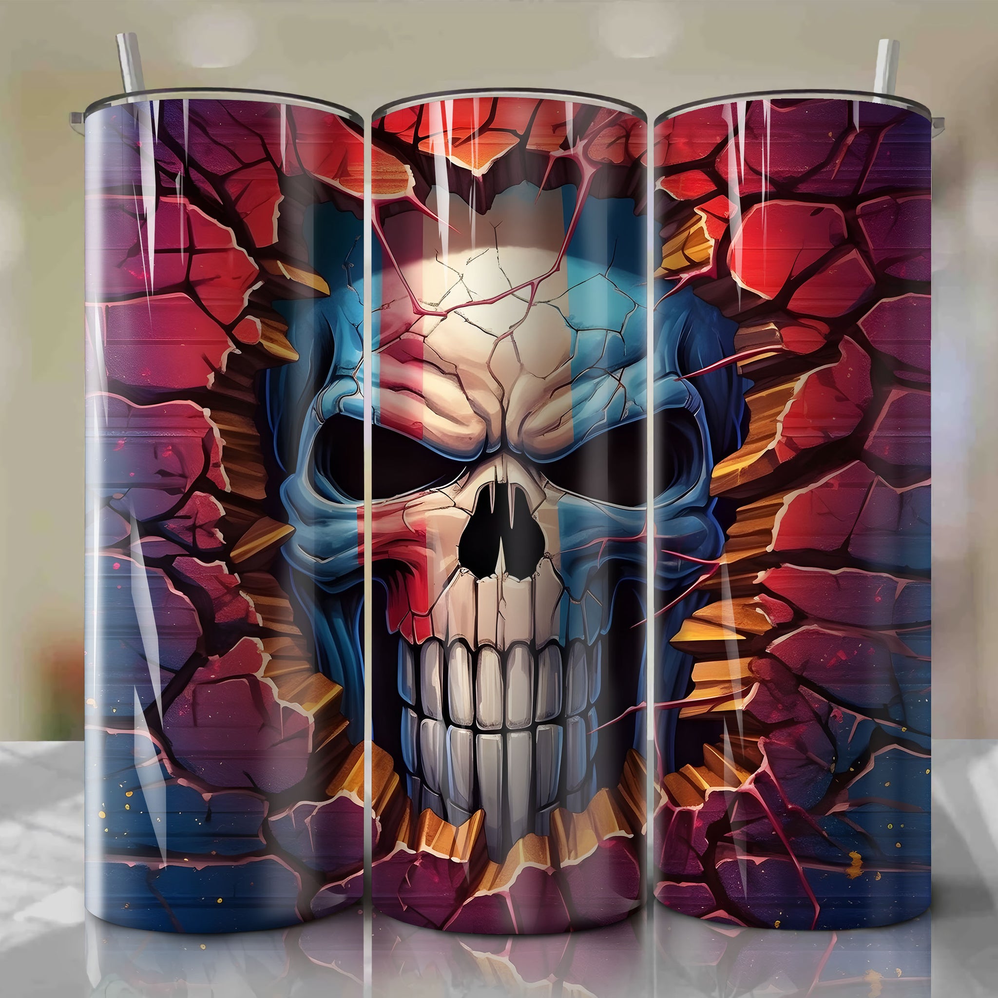 Punisher Wrap PNG Skinny Tumbler 20oz - Sublimation 3D Cracked Design | Digital Download