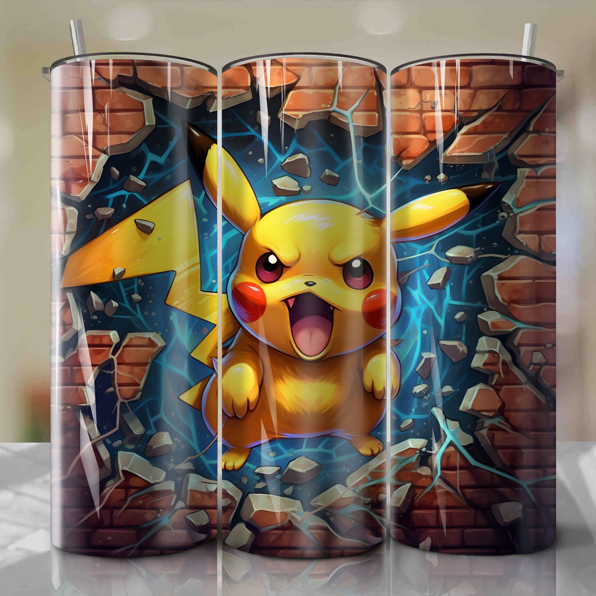 Pikachu Wrap PNG Skinny Tumbler 20oz - Sublimation 3D Cracked Design | Digital Download