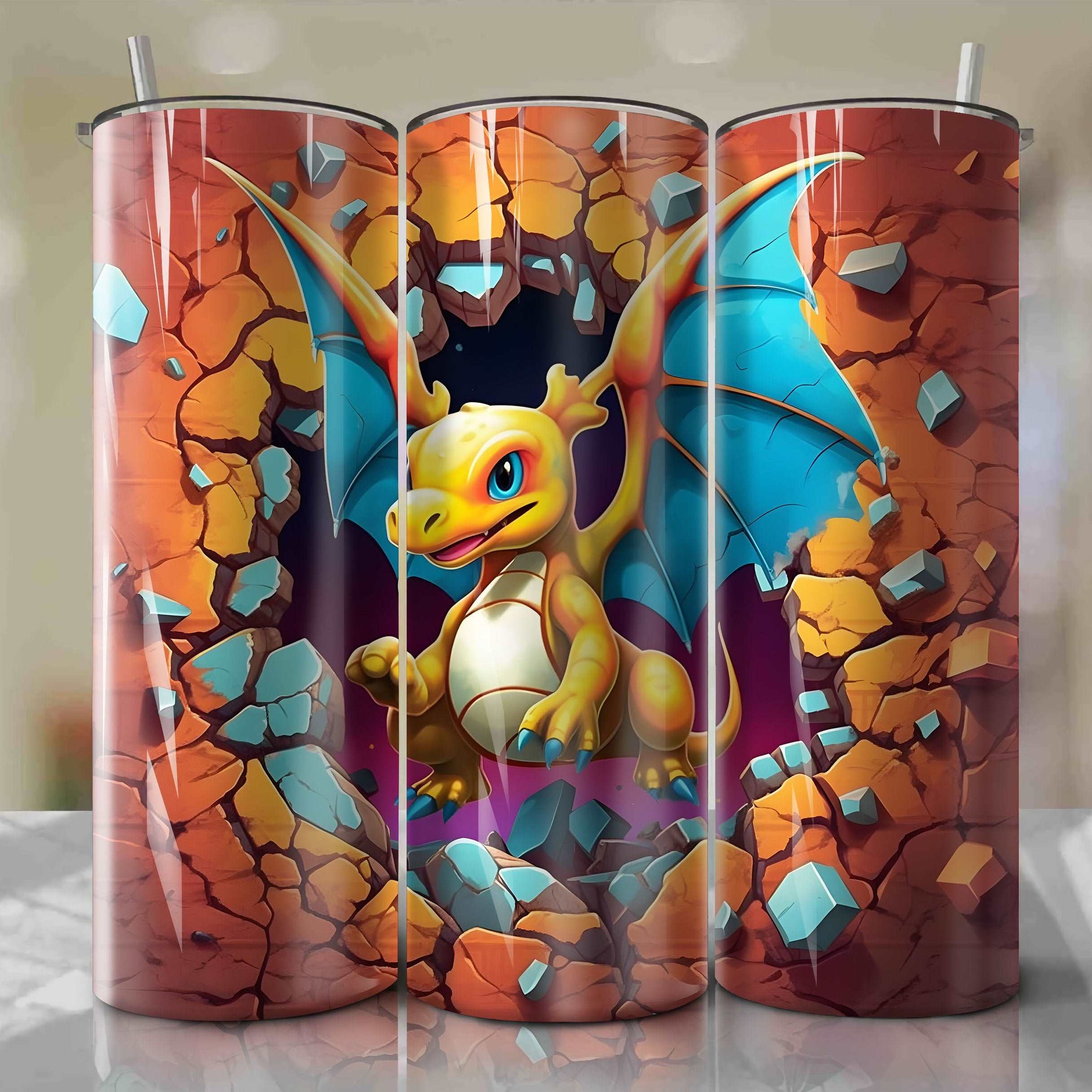 Dragonite Wrap PNG Skinny Tumbler 20oz - Sublimation 3D Cracked Design | Digital Download