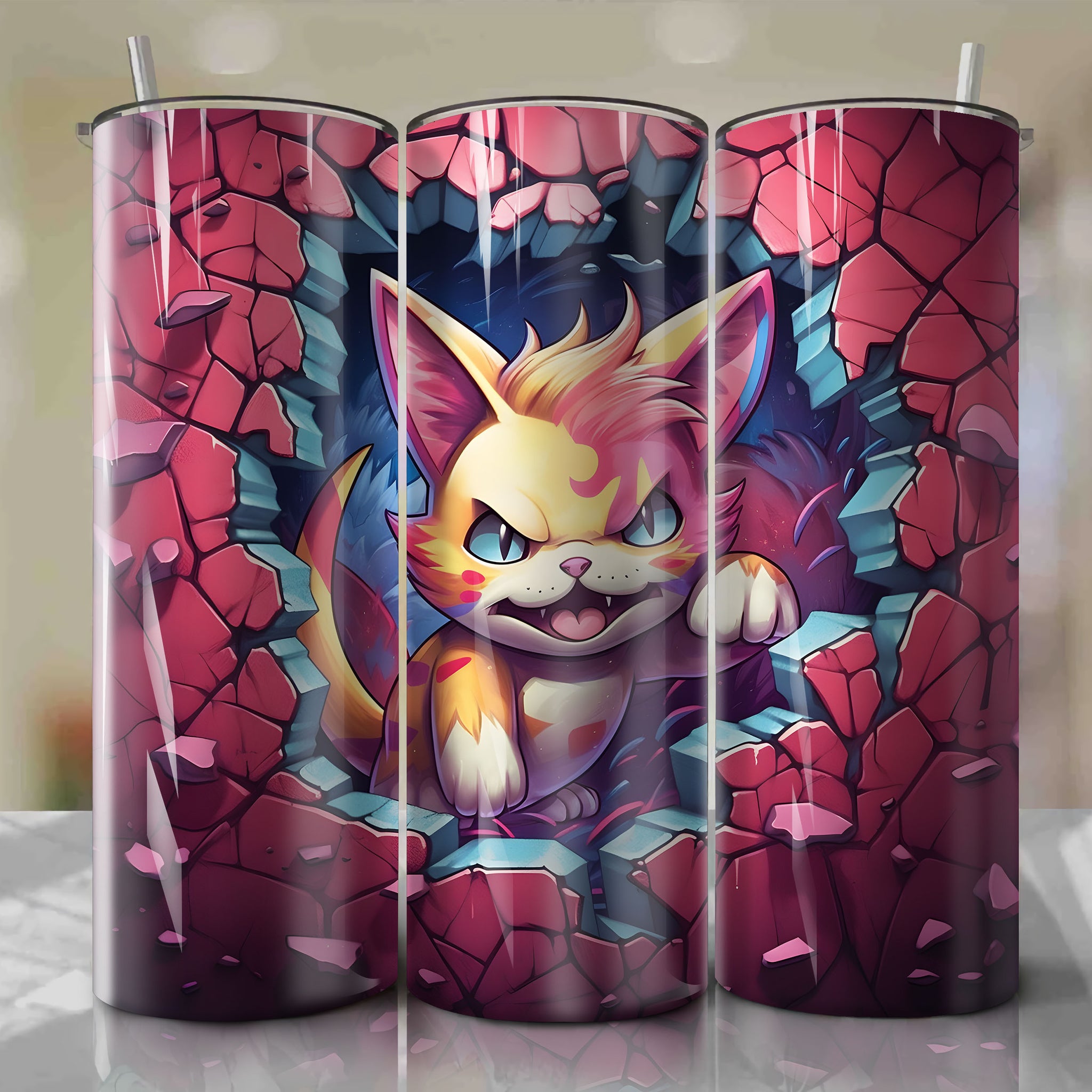 Meowth Wrap PNG Skinny Tumbler 20oz - Sublimation 3D Cracked Design | Digital Download