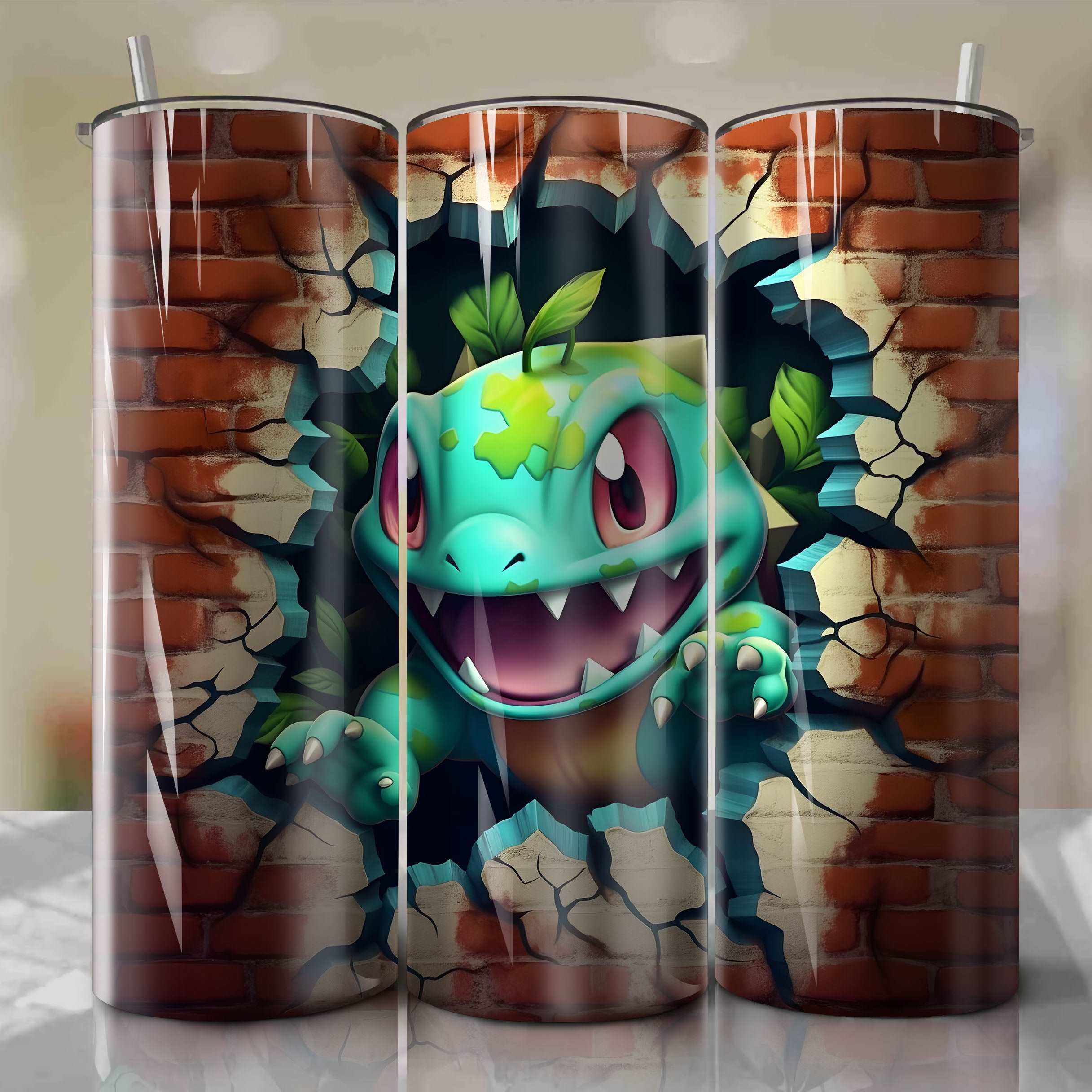 Bulbasaur Wrap PNG Skinny Tumbler 20oz - Sublimation 3D Cracked Design