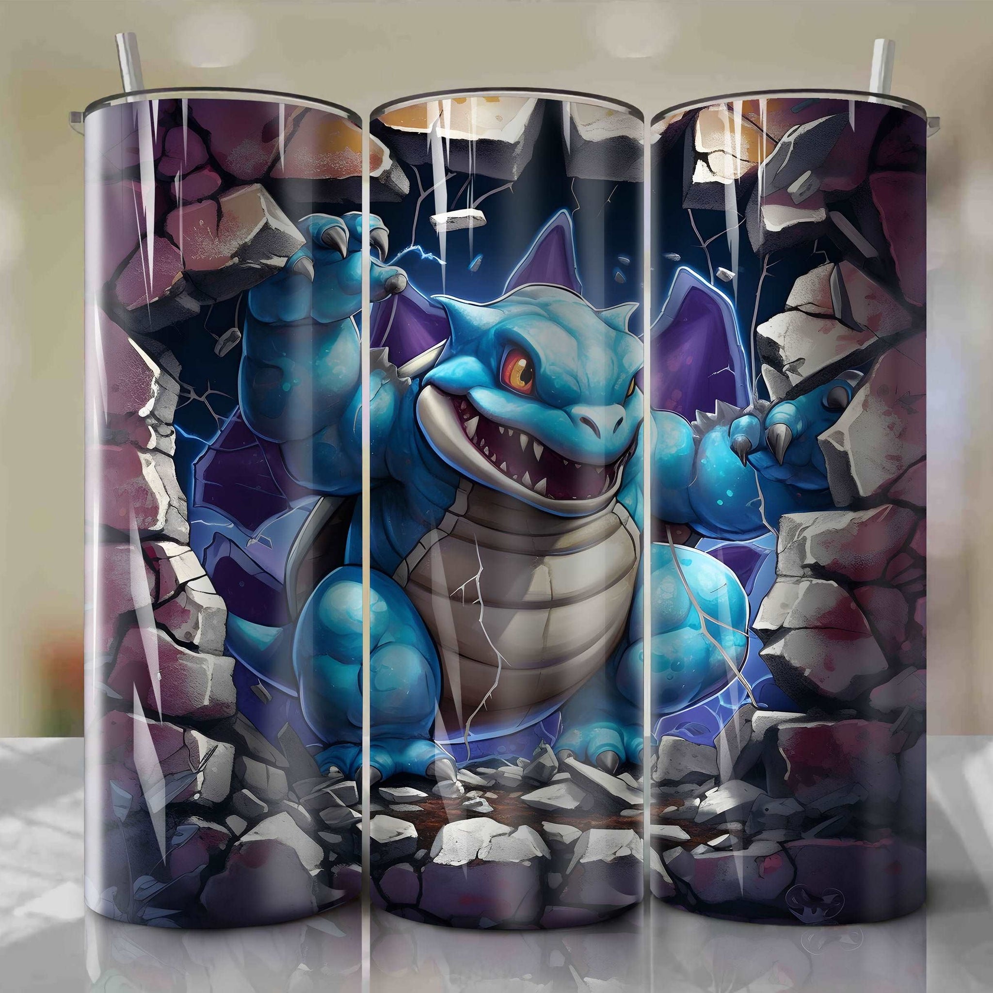 Blastoise Wrap PNG Skinny Tumbler 20oz - Sublimation 3D Cracked Design | Digital Download