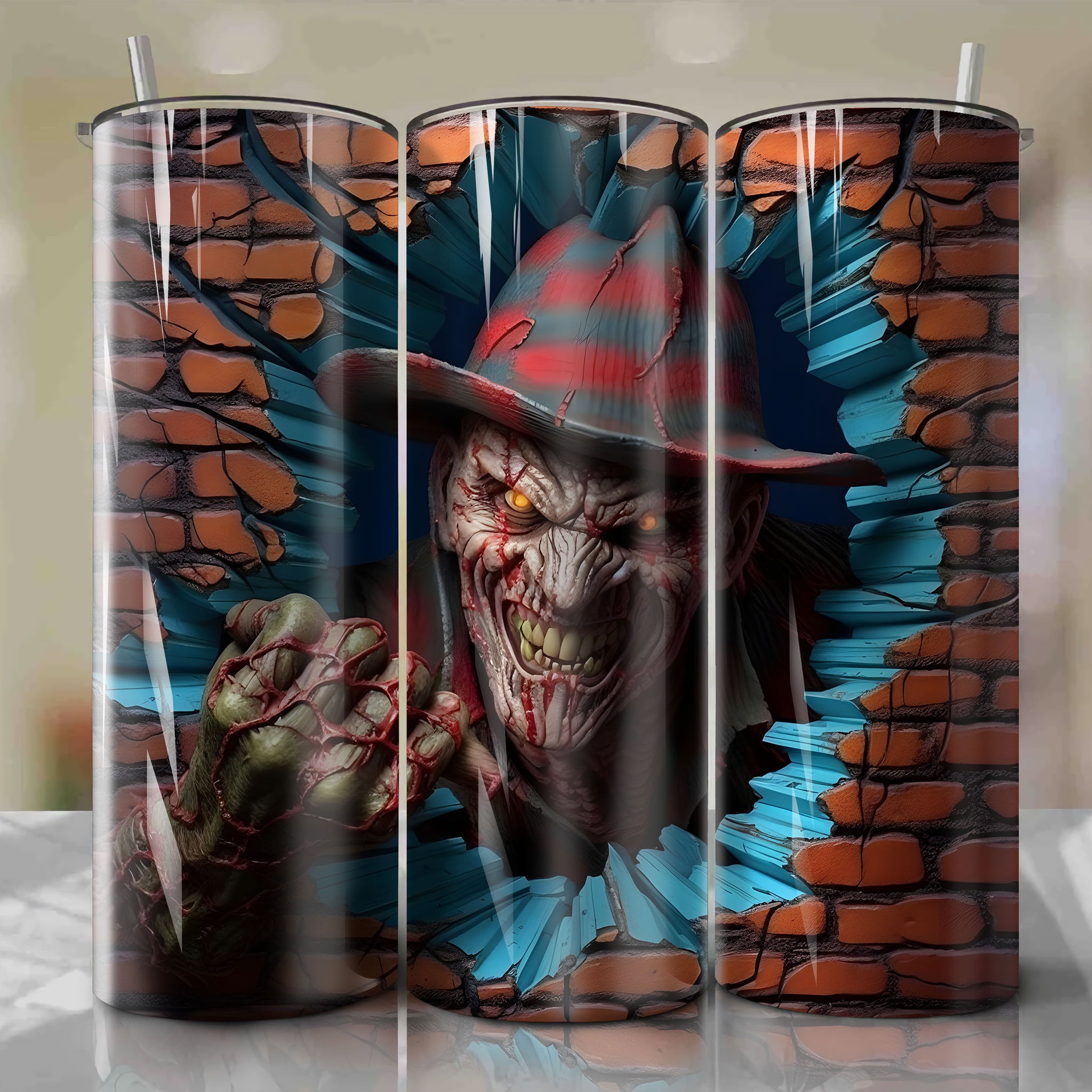 Freddy Krueger Wrap PNG Skinny Tumbler 20oz - Sublimation 3D Cracked Design | Digital Download