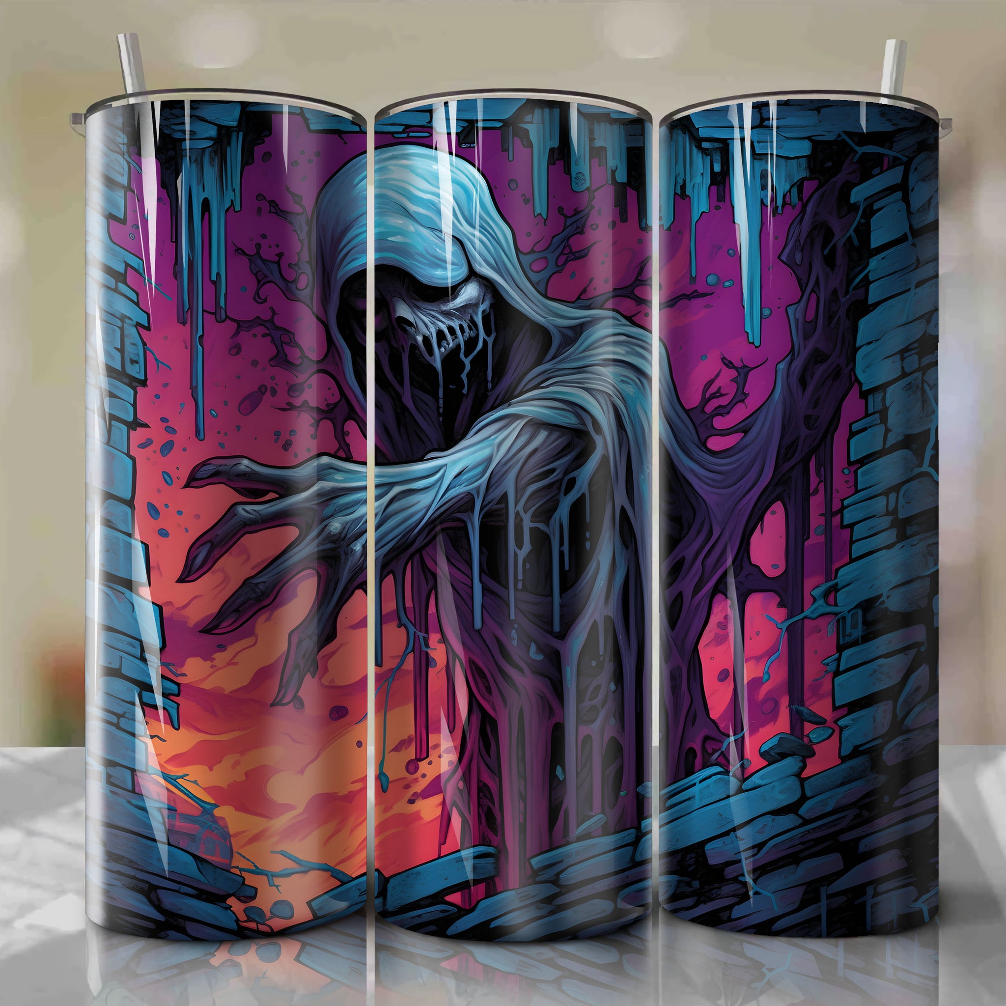 The Ghostly Woman in Black Wrap PNG Skinny Tumbler 20oz - Sublimation 3D Cracked Design | Digital Download