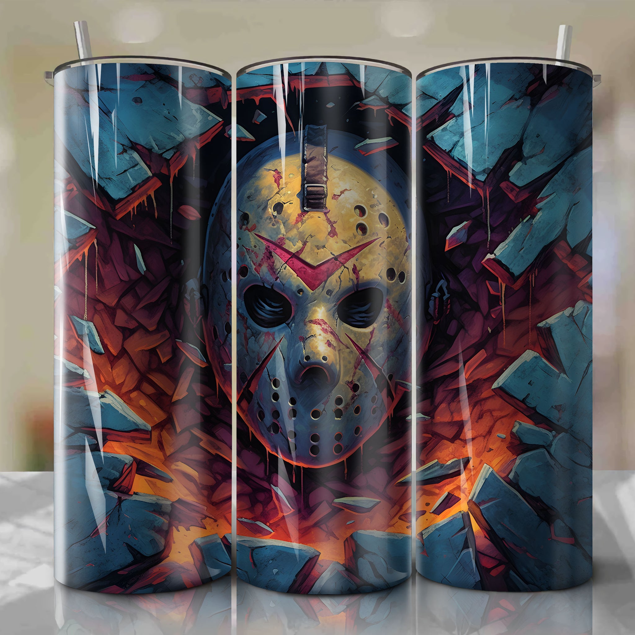 Jason Voorhees Wrap PNG Skinny Tumbler 20oz - Sublimation 3D Cracked Design | Digital Download