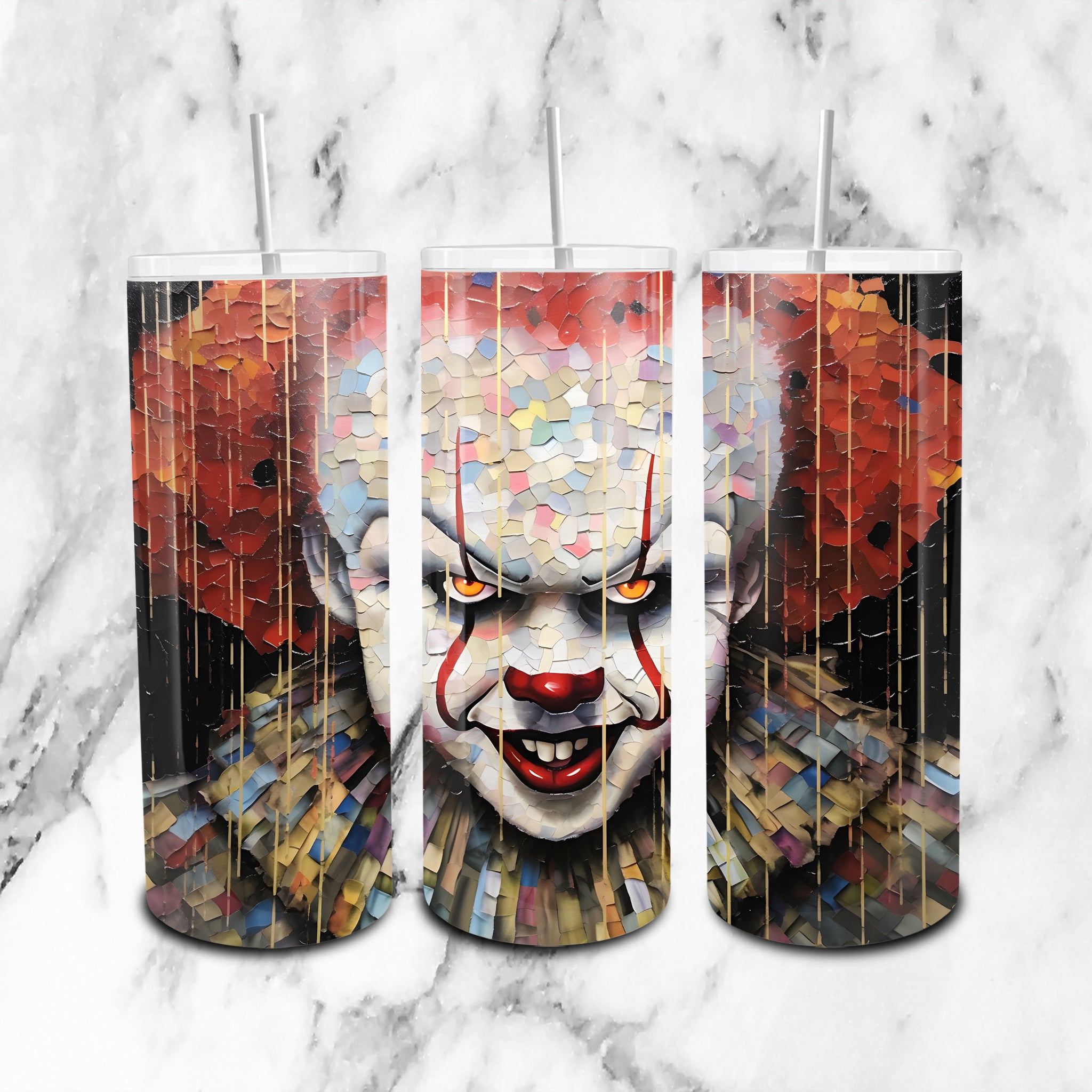 Terrifying Pennywise Wrap Design - High-Quality 20oz Skinny Tumbler PNG