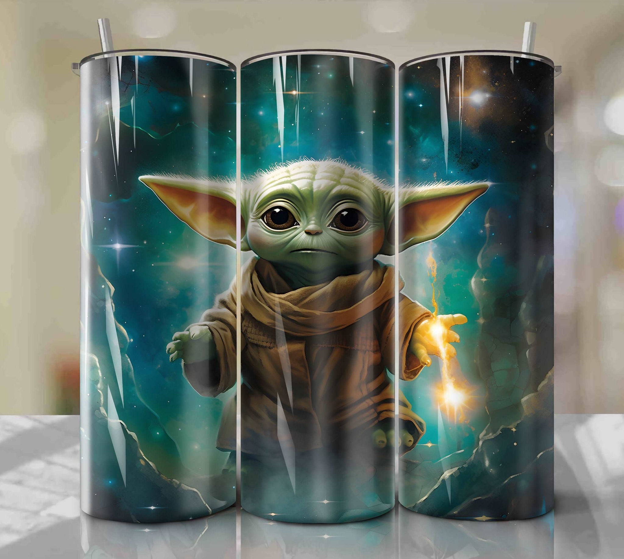 Baby Yoda Cosmic Vibes PNG Wrap Tumbler - Instant Download